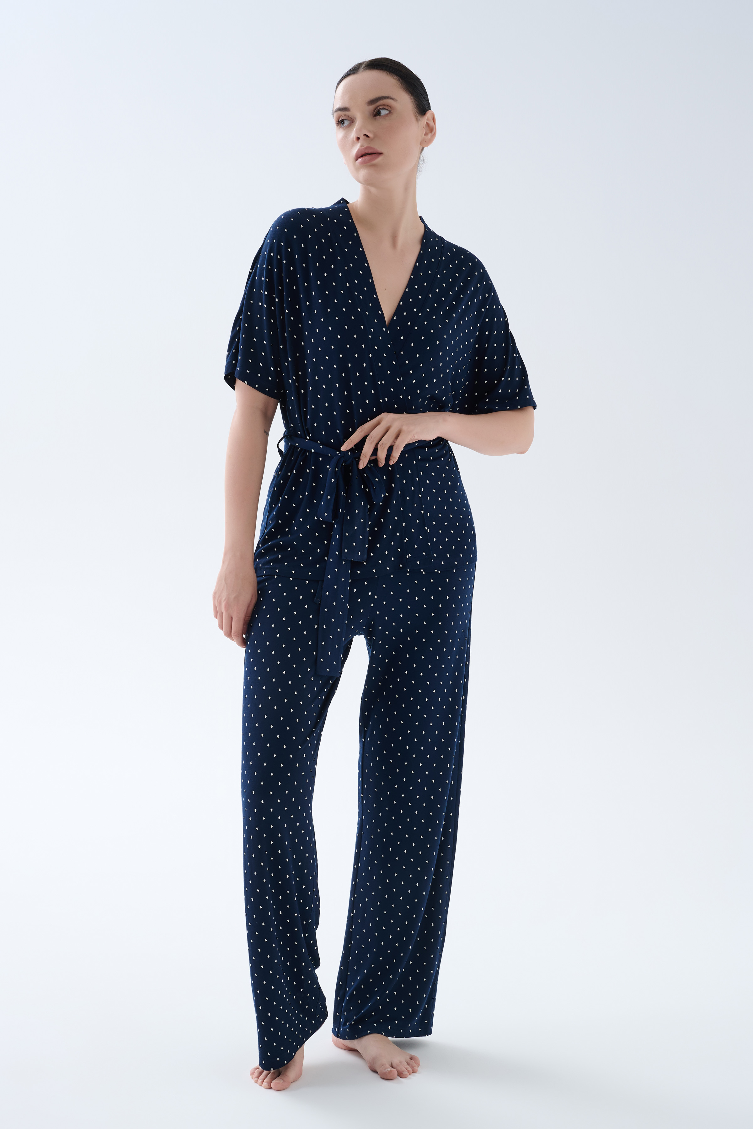 Kadın Viskoz Kısa Kollu Kimono Uzun Pijama Takımı