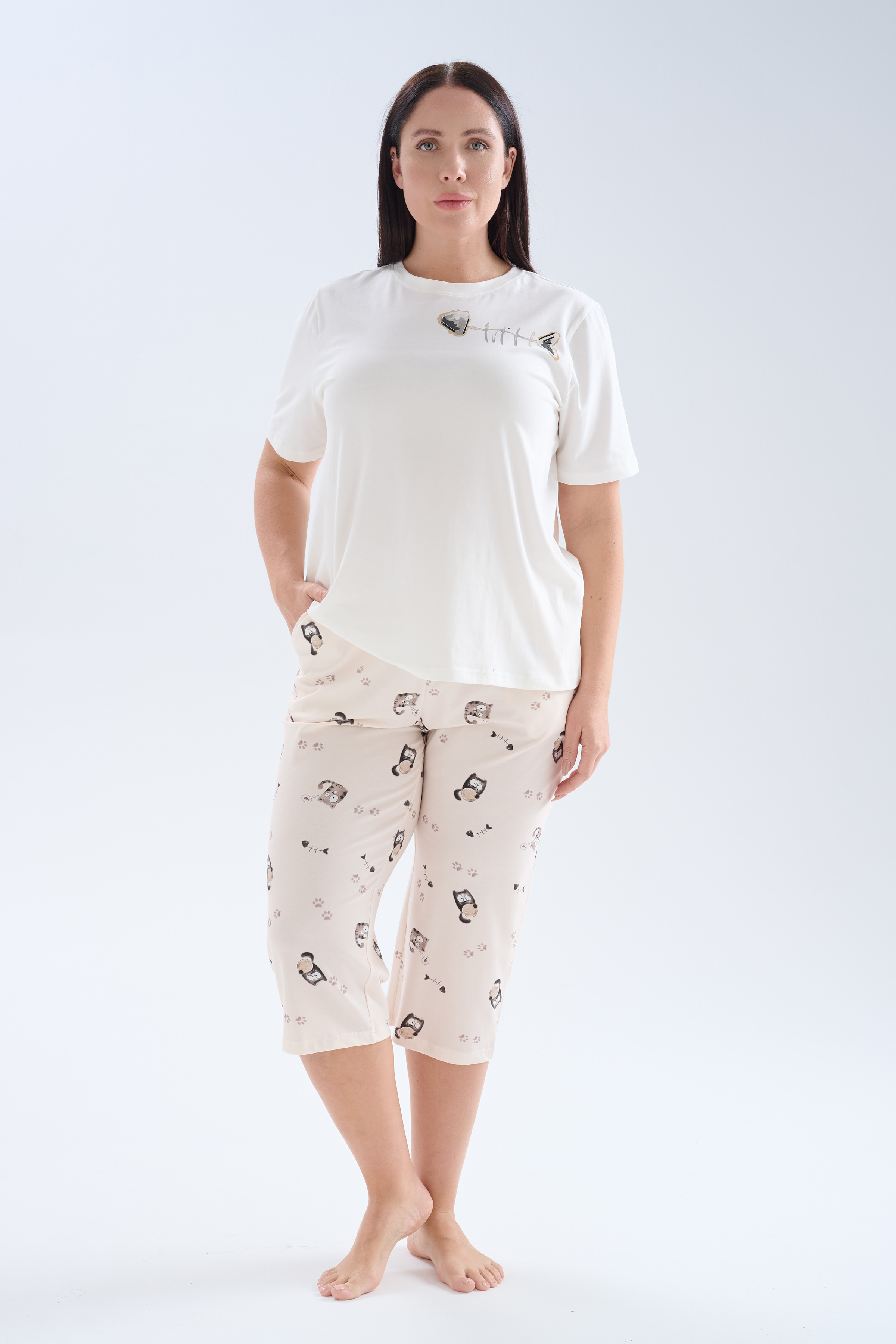 Kadın Plus Size Pamuklu Kısa Kollu Kapri Pijama Takımı