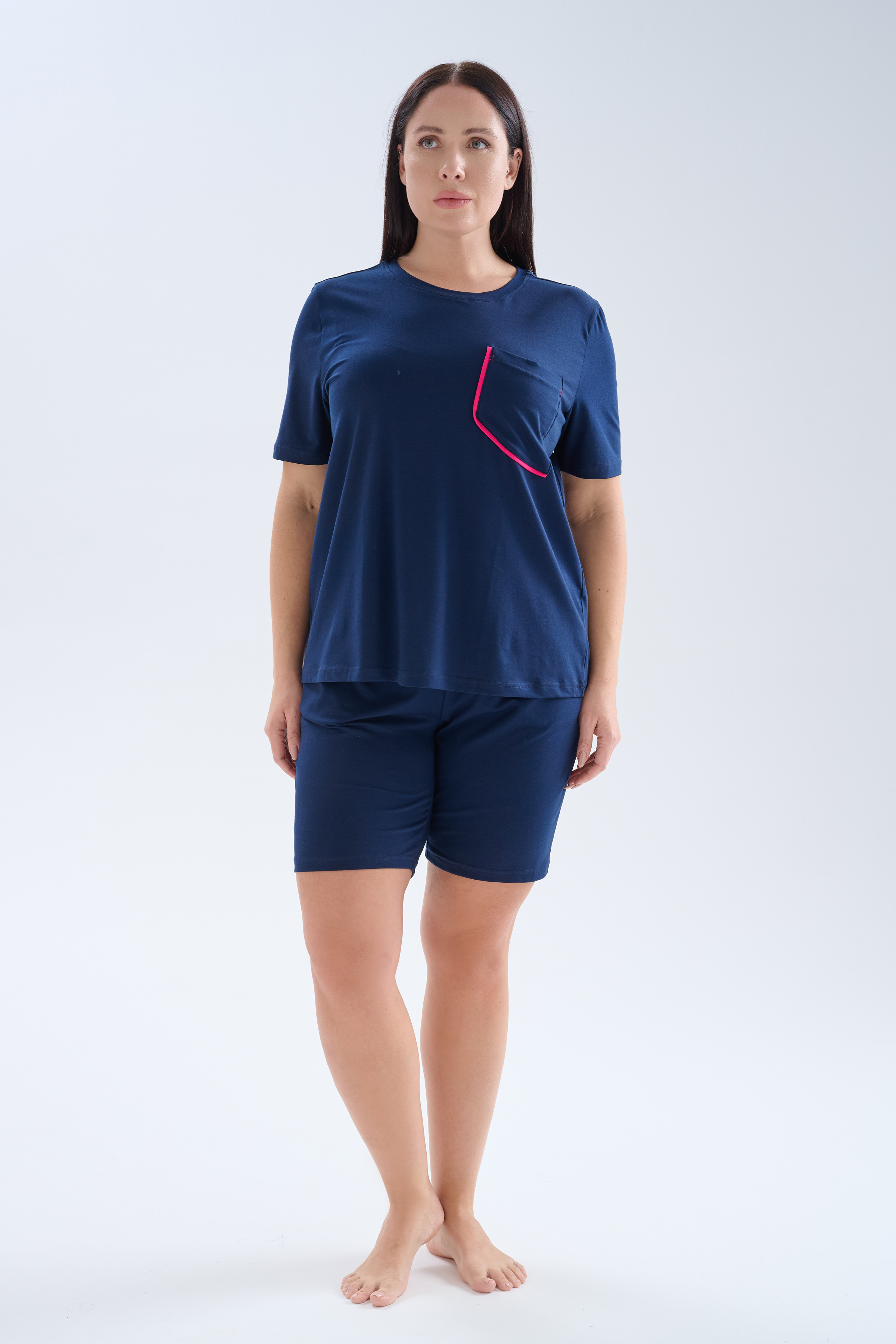 Kadın Plus Size Pamuklu Kısa Kollu Şortlu Pijama Takımı