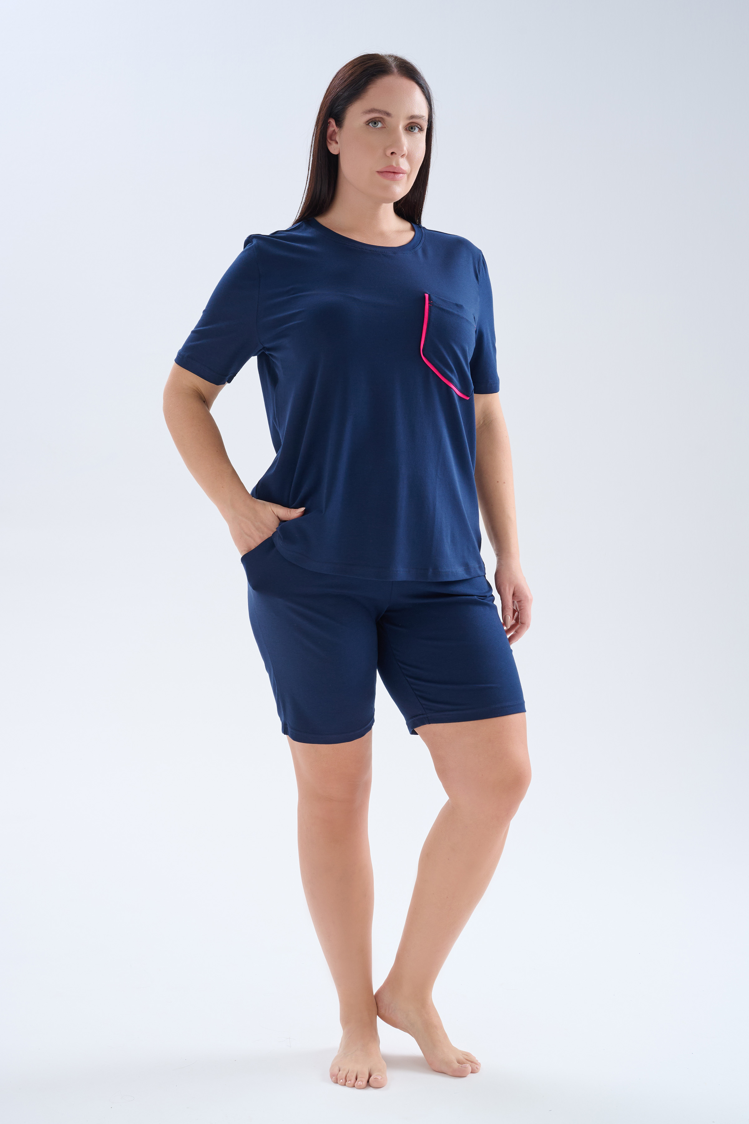 Kadın Plus Size Pamuklu Kısa Kollu Şortlu Pijama Takımı