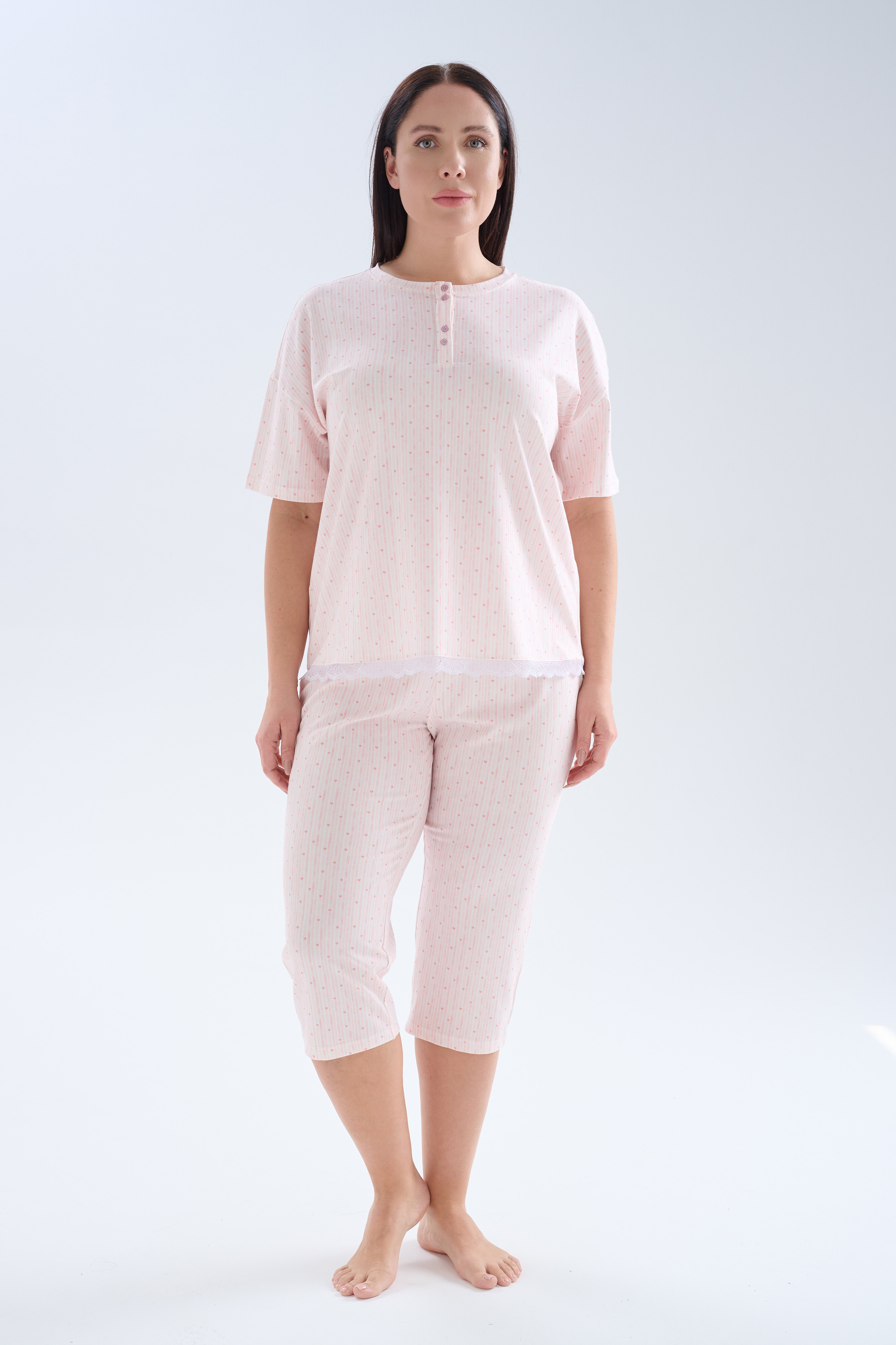 Kadın Plus Size Pamuklu Kısa Kollu Kapri Pijama Takımı