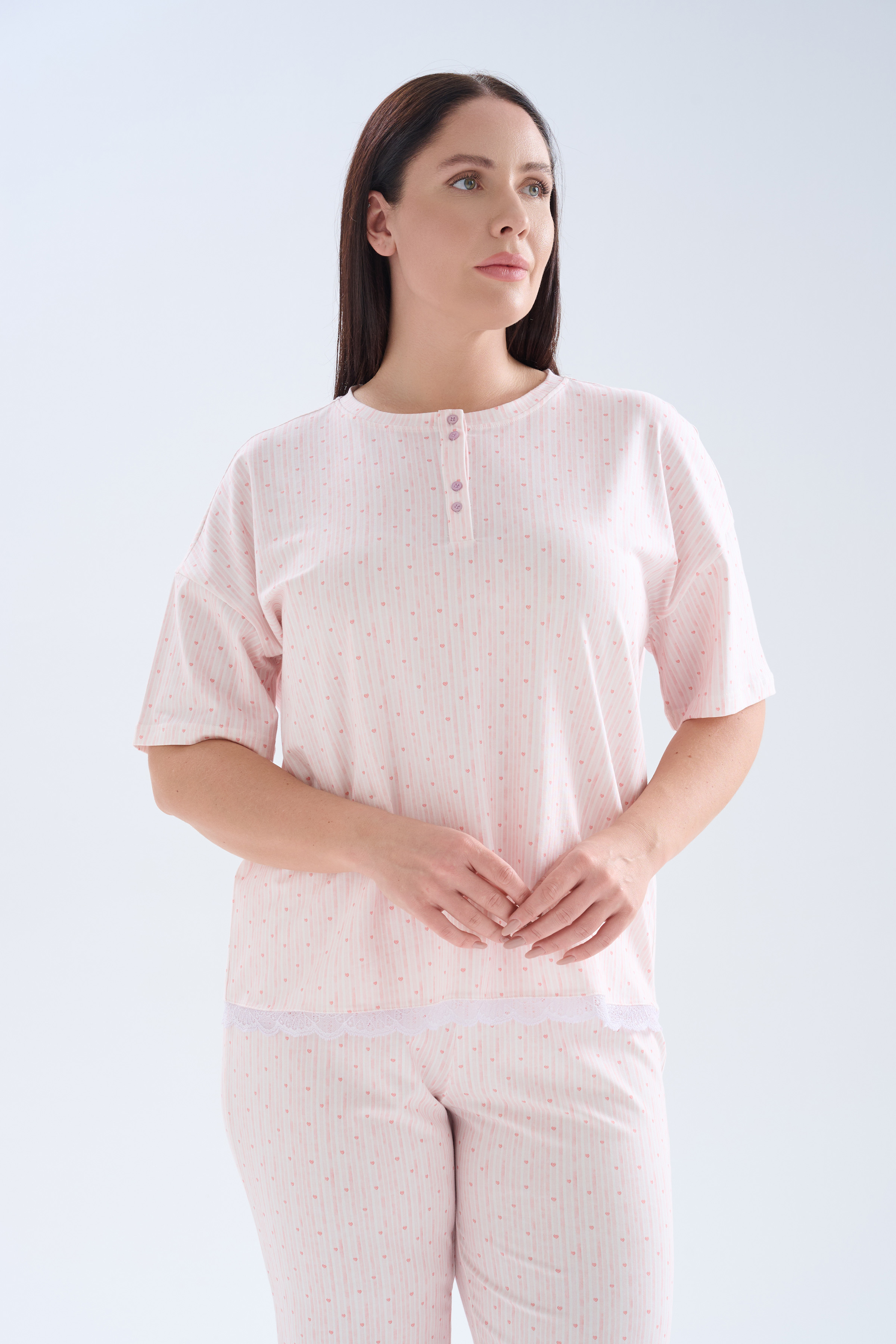 Kadın Plus Size Pamuklu Kısa Kollu Kapri Pijama Takımı