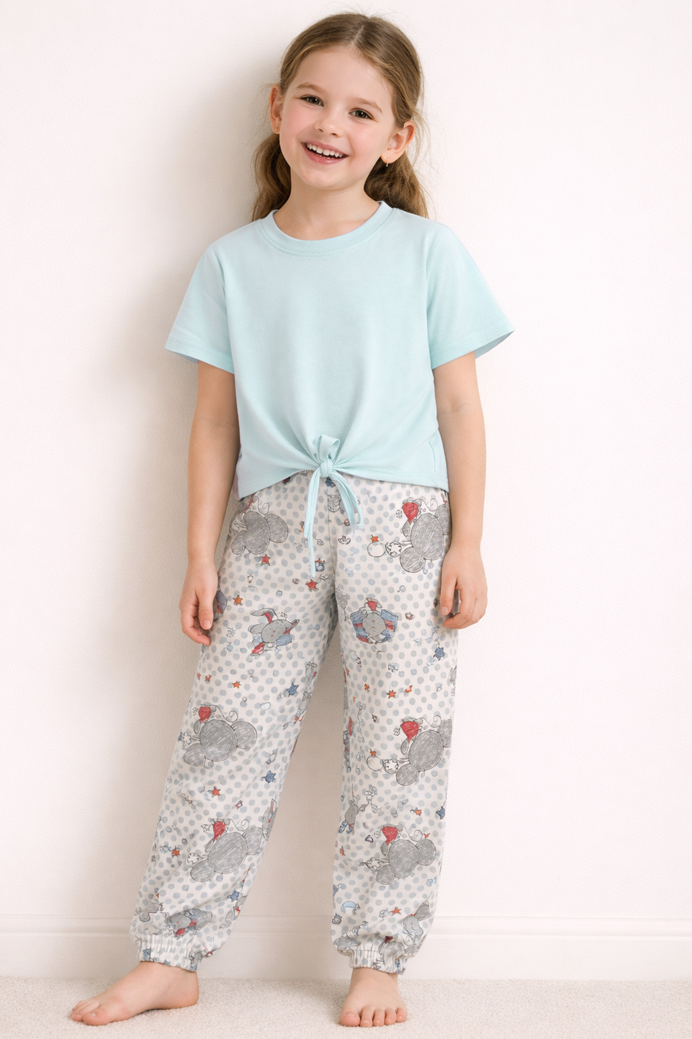 Kız Çocuk Pamuklu Bağlama Detaylı Uzun Pijama Takımı