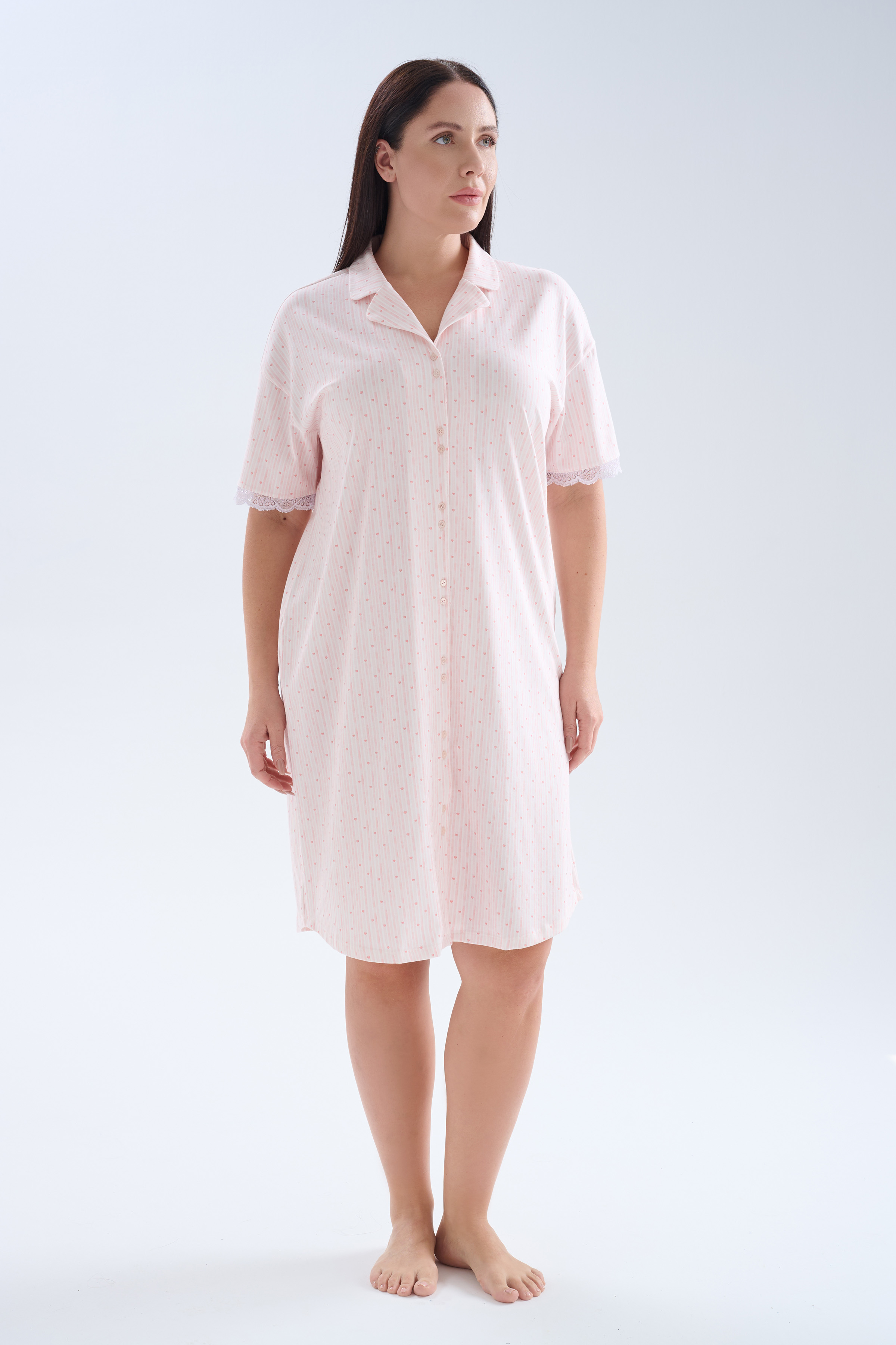Kadın Plus Size Pamuklu Gömlek Yaka Kısa Kollu Gecelik