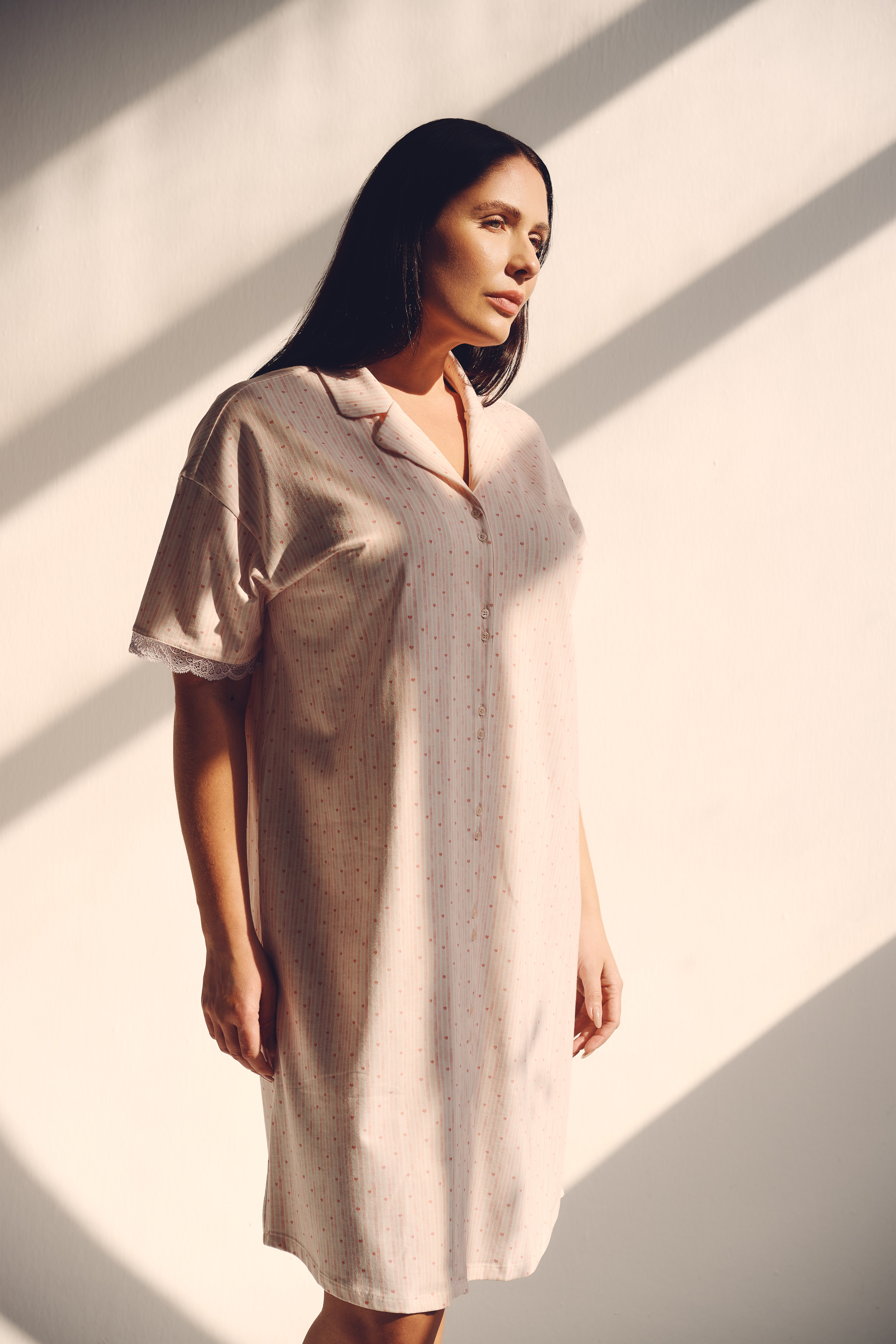 Kadın Plus Size Pamuklu Gömlek Yaka Kısa Kollu Gecelik