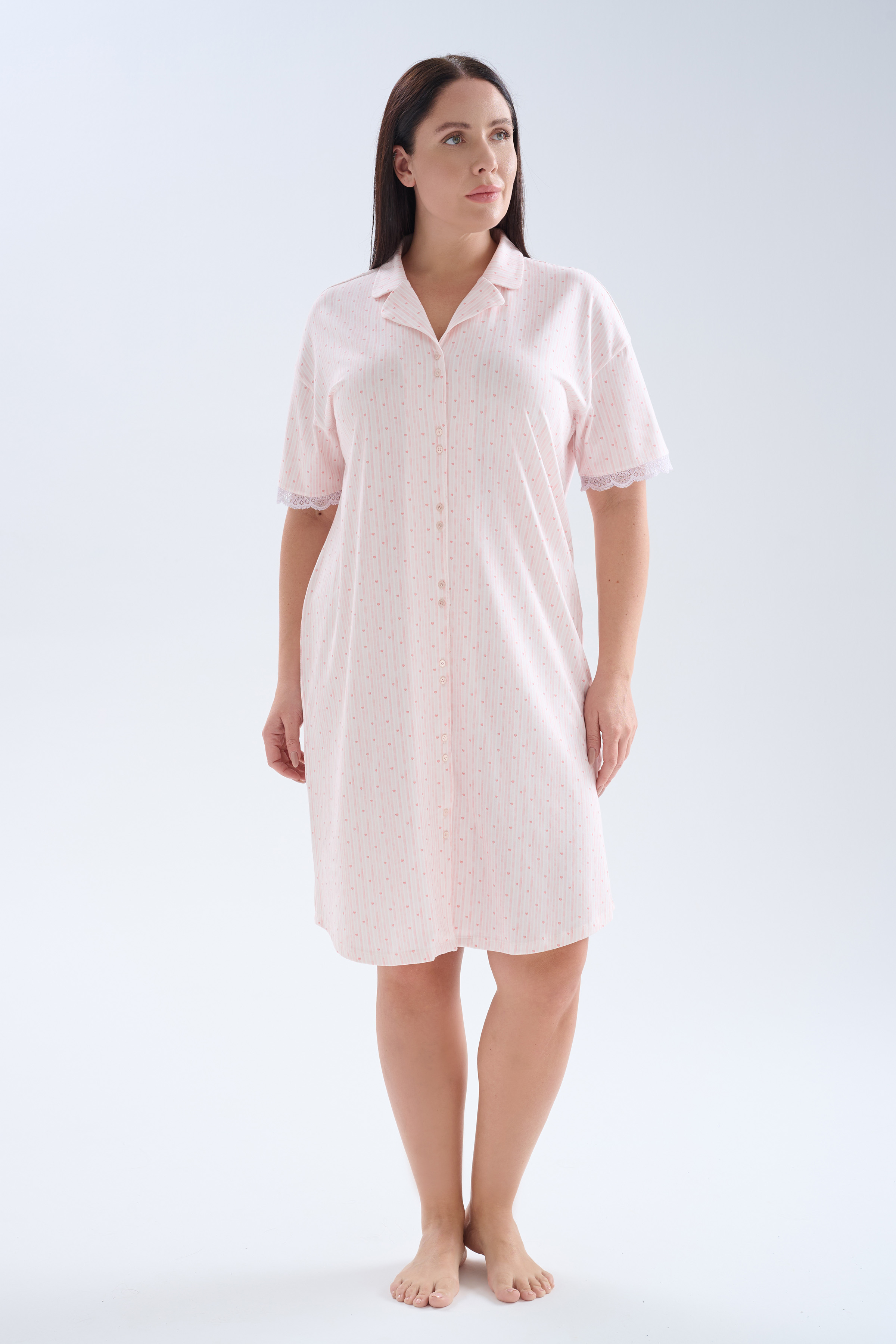 Kadın Plus Size Pamuklu Gömlek Yaka Kısa Kollu Gecelik
