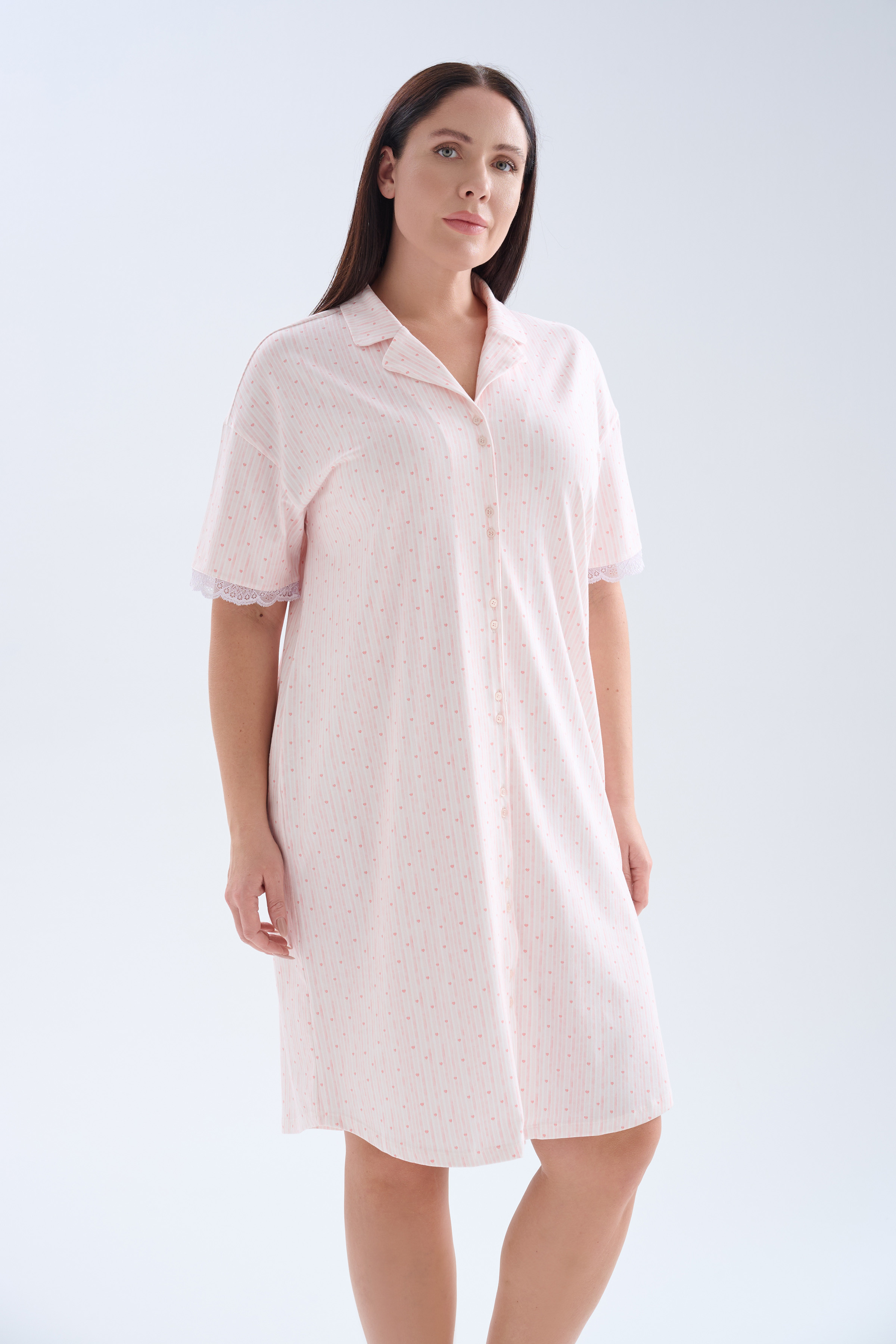 Kadın Plus Size Pamuklu Gömlek Yaka Kısa Kollu Gecelik