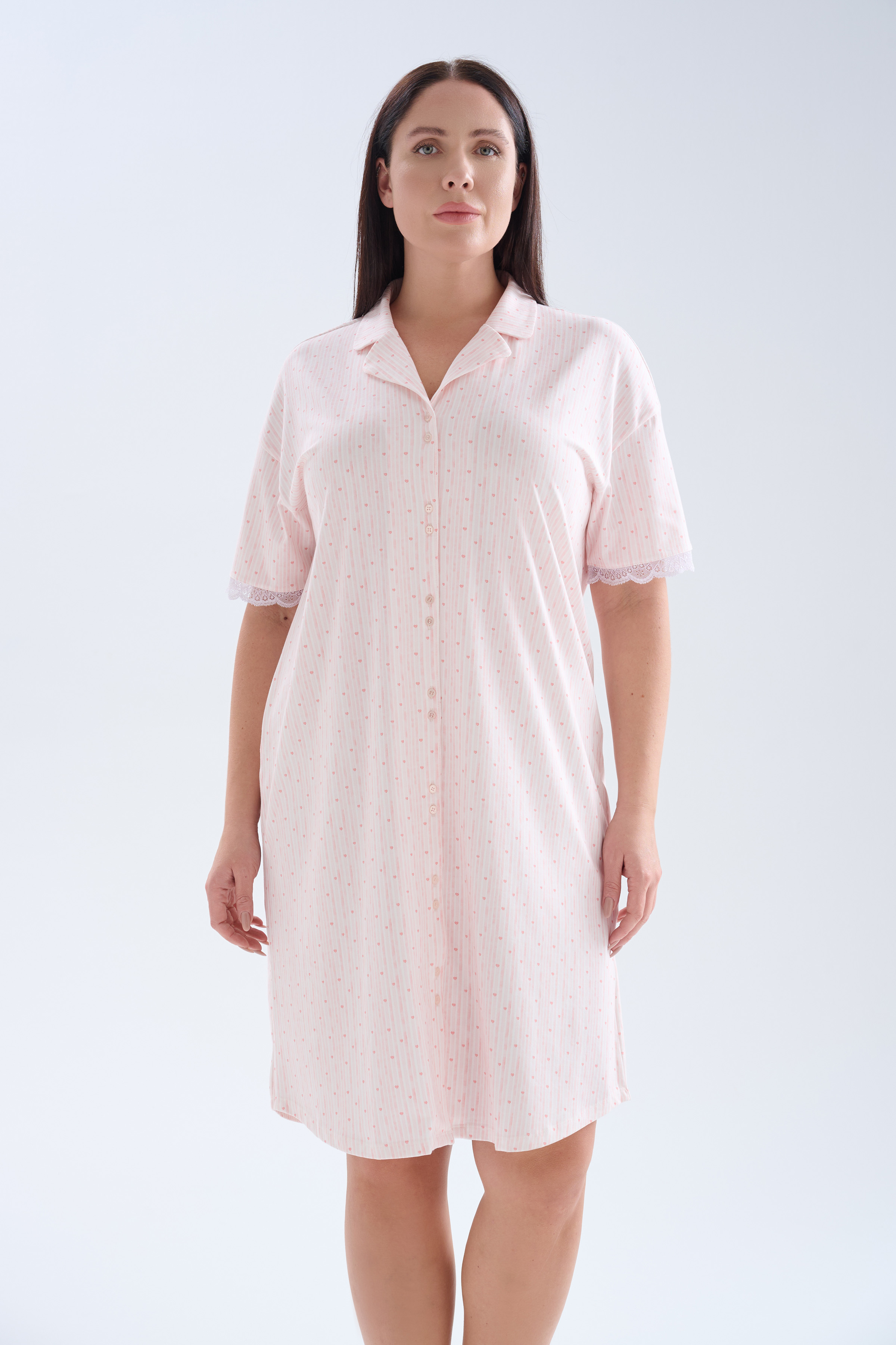 Kadın Plus Size Pamuklu Gömlek Yaka Kısa Kollu Gecelik