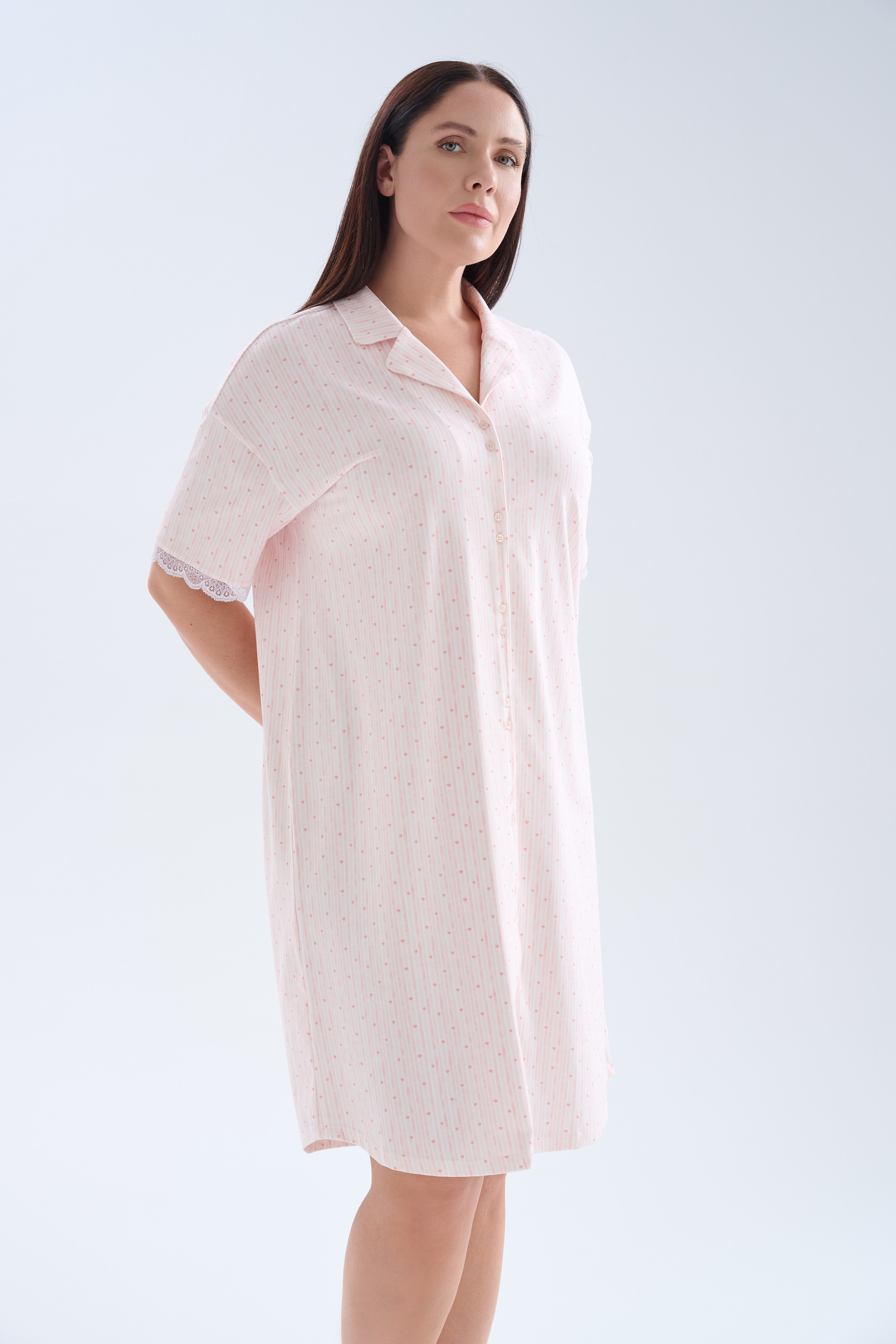 Kadın Plus Size Pamuklu Gömlek Yaka Kısa Kollu Gecelik