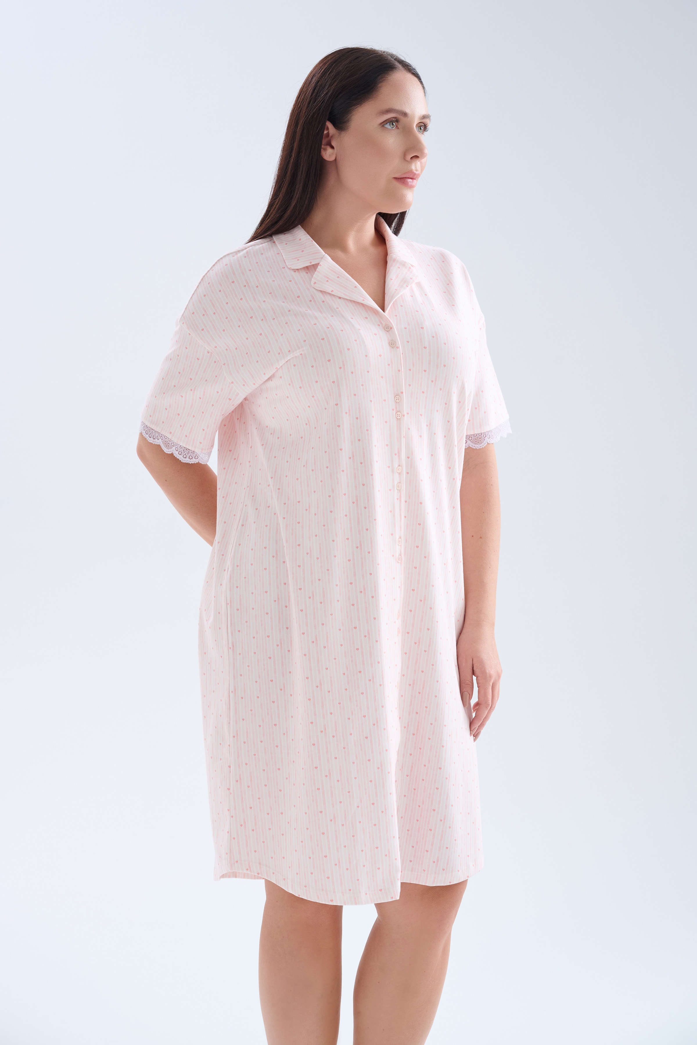 Kadın Plus Size Pamuklu Gömlek Yaka Kısa Kollu Gecelik