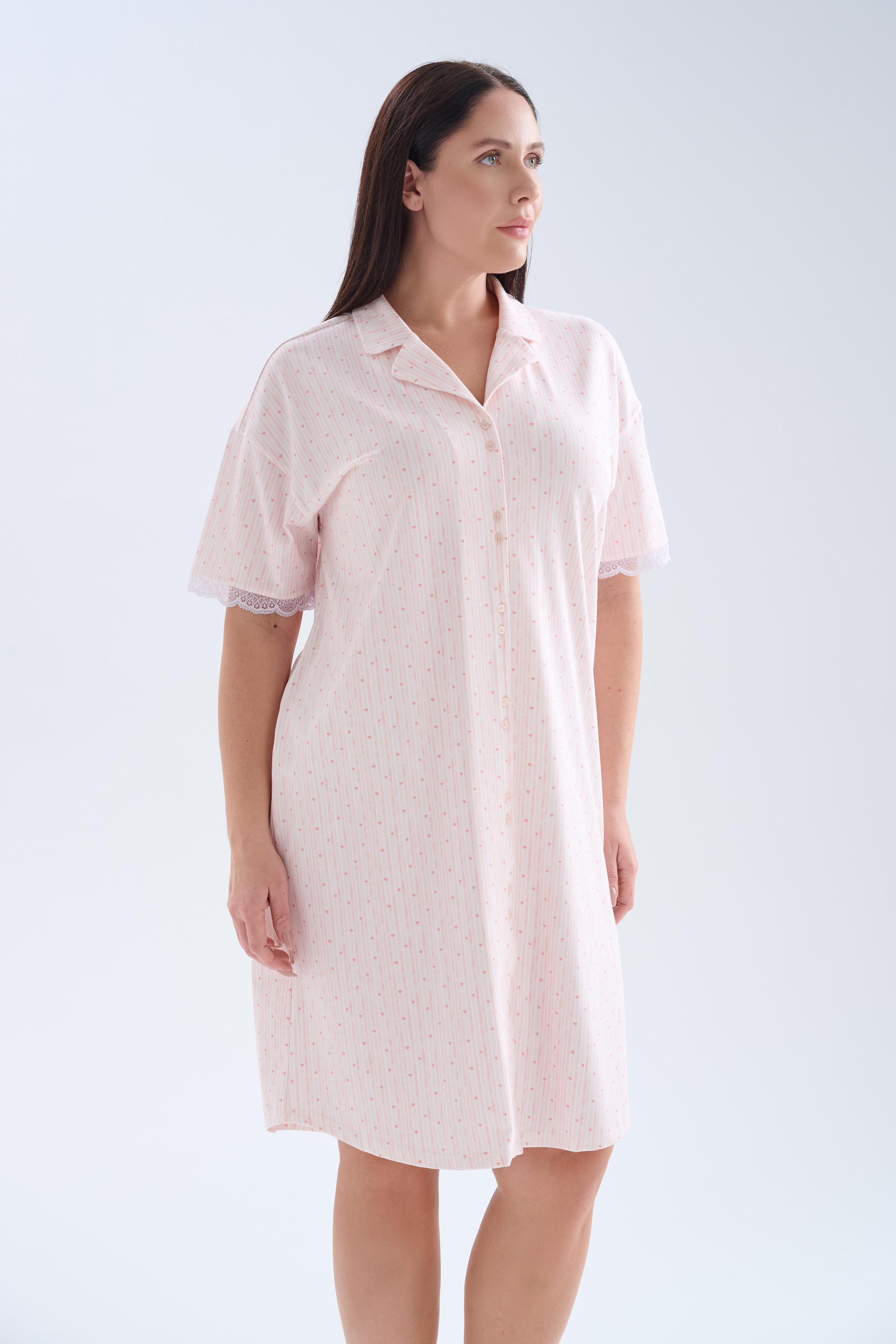 Kadın Plus Size Pamuklu Gömlek Yaka Kısa Kollu Gecelik