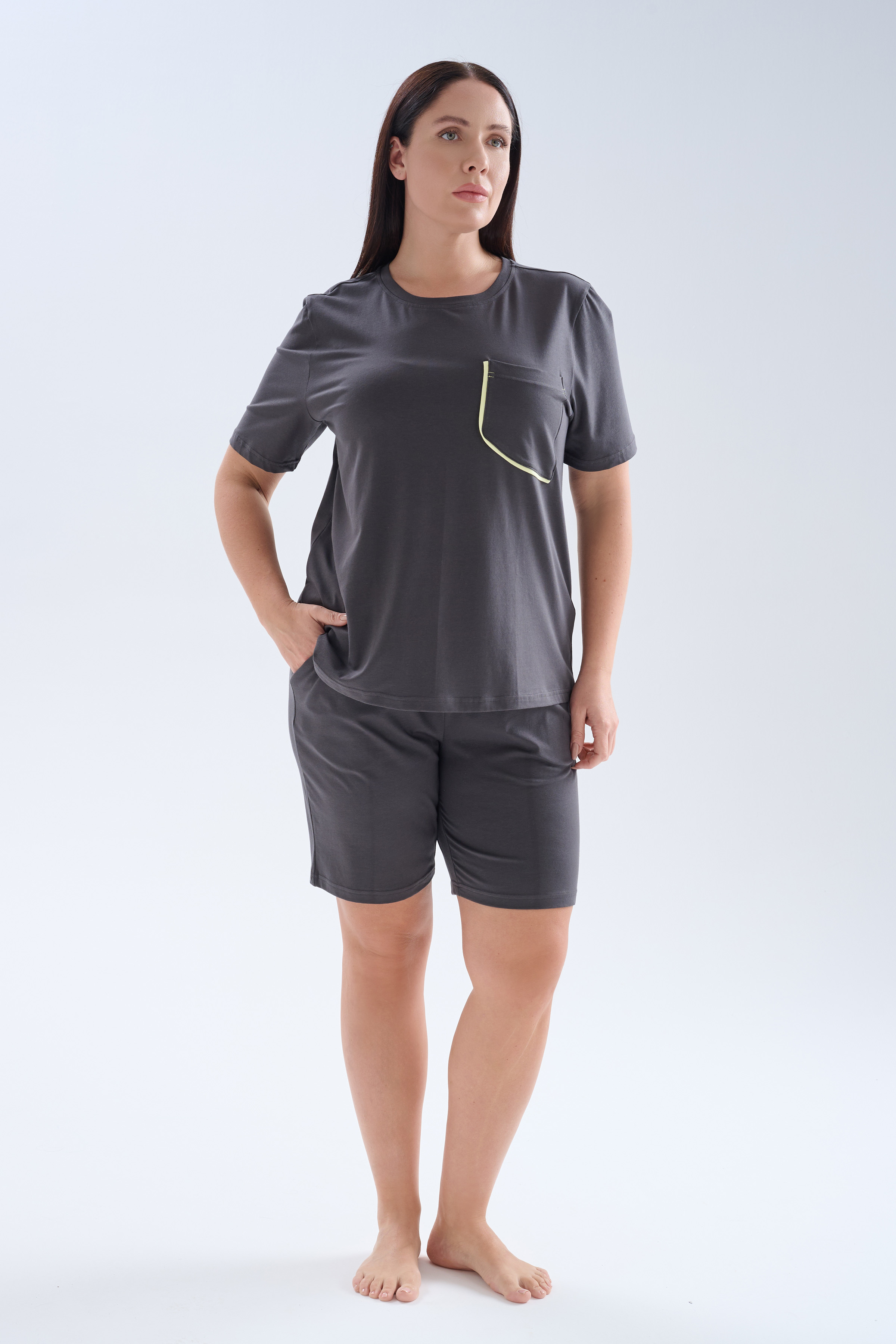 Kadın Plus Size Pamuklu Kısa Kollu Şortlu Pijama Takımı