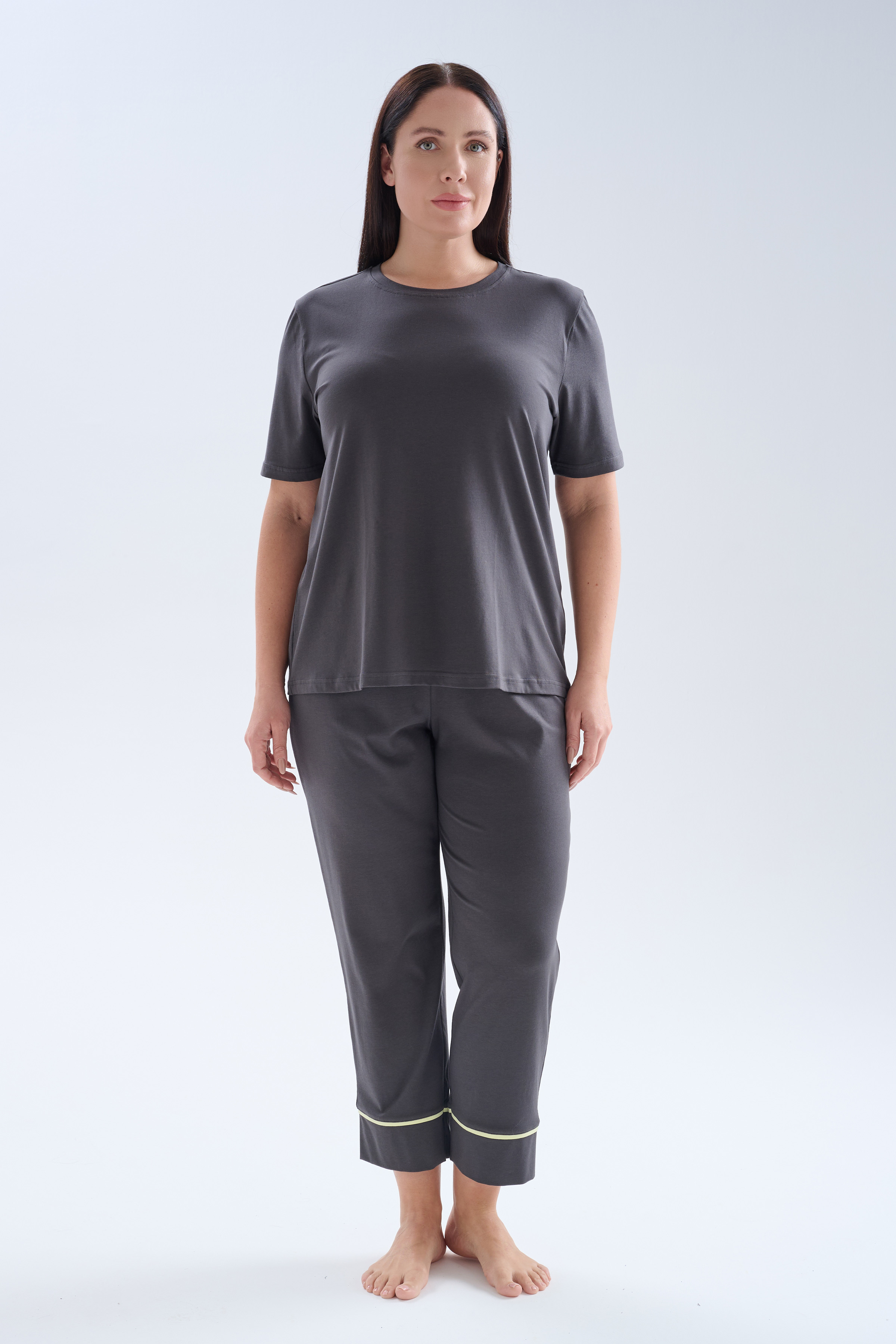 Kadın Plus Size Pamuklu Kısa Kollu Uzun Pijama Takımı