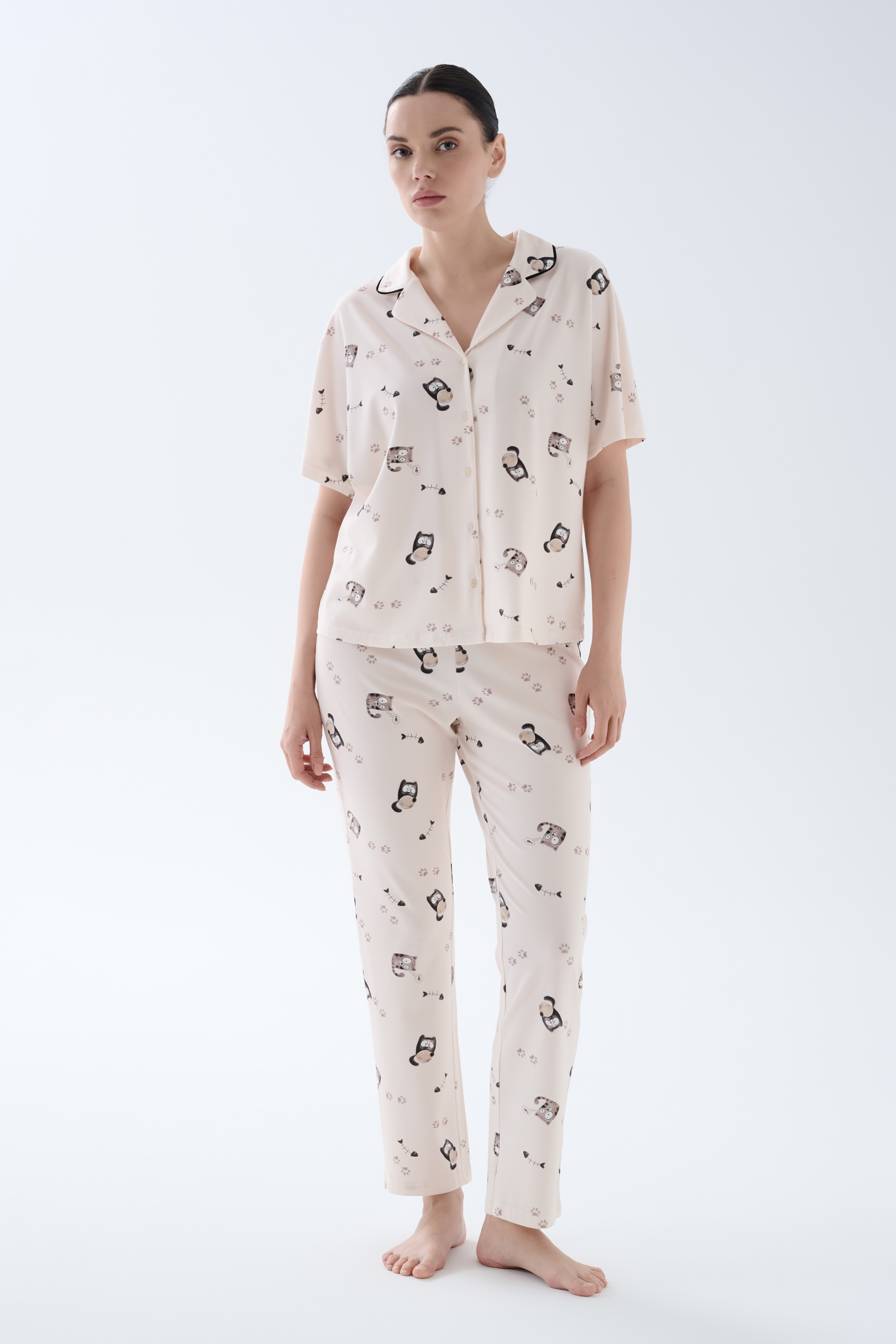 Kadın Pamuklu Gömlek Yaka Pantolon Pijama Takımı