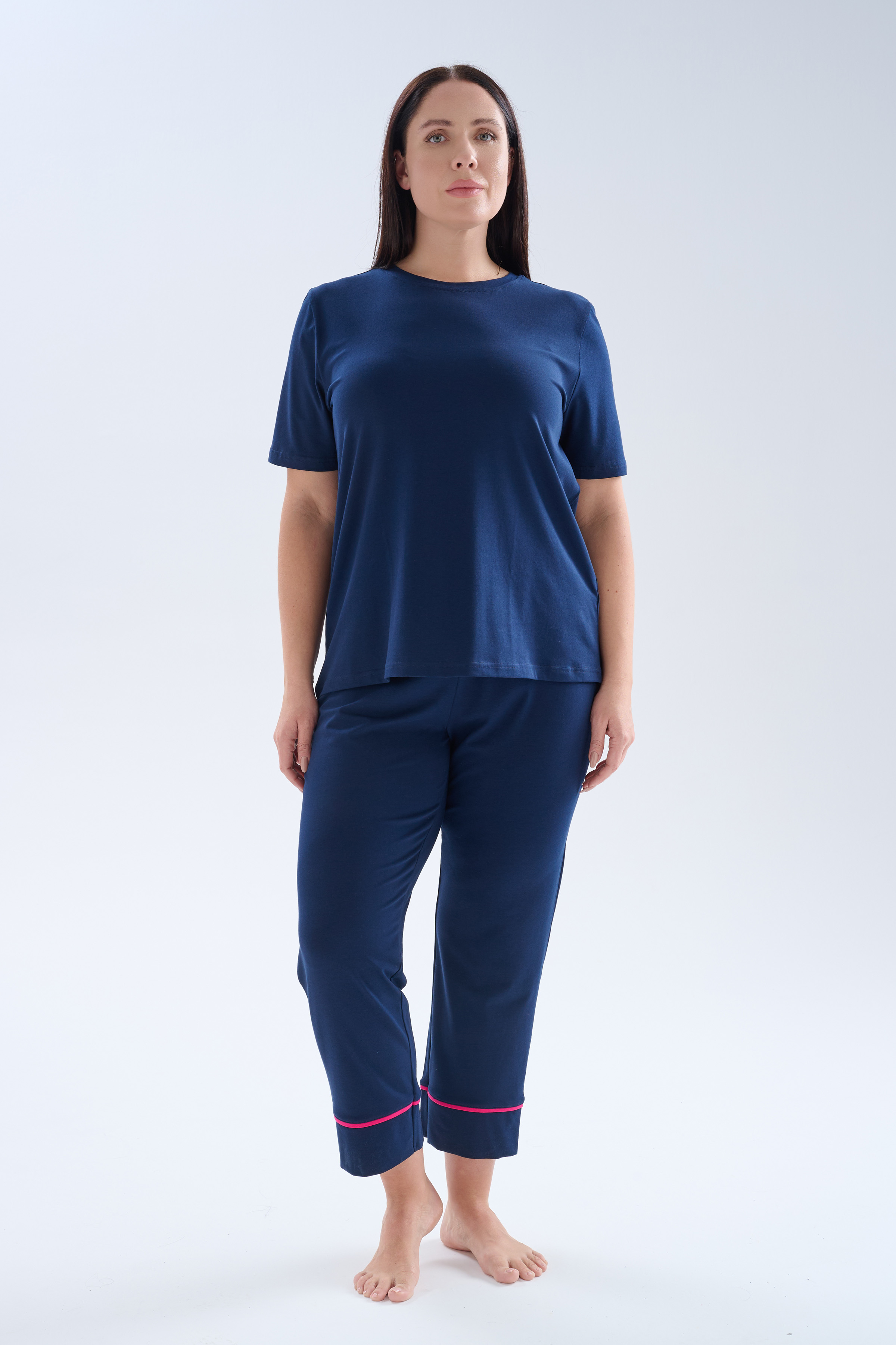 Kadın Plus Size Pamuklu Kısa Kollu Uzun Pijama Takımı