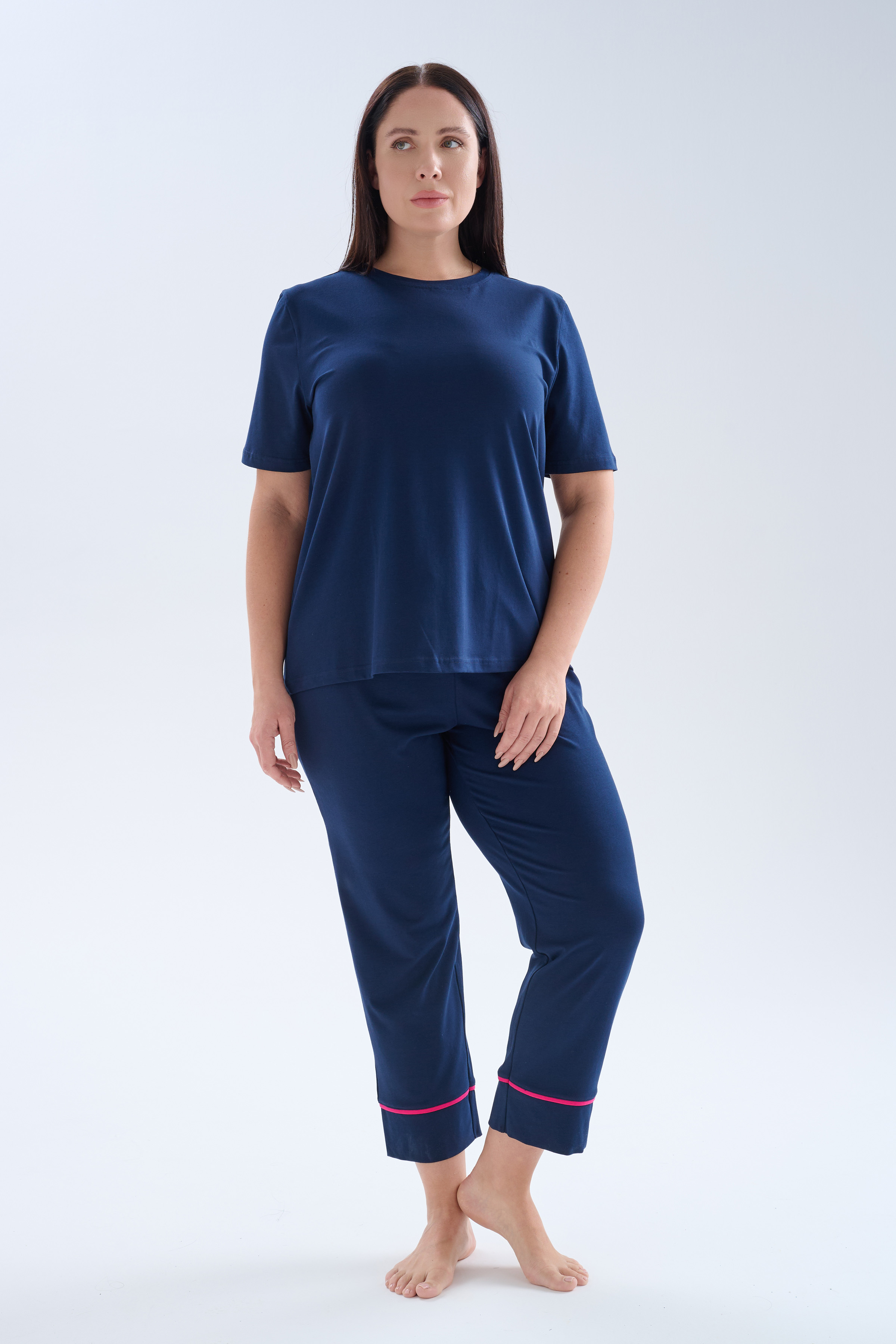 Kadın Plus Size Pamuklu Kısa Kollu Uzun Pijama Takımı