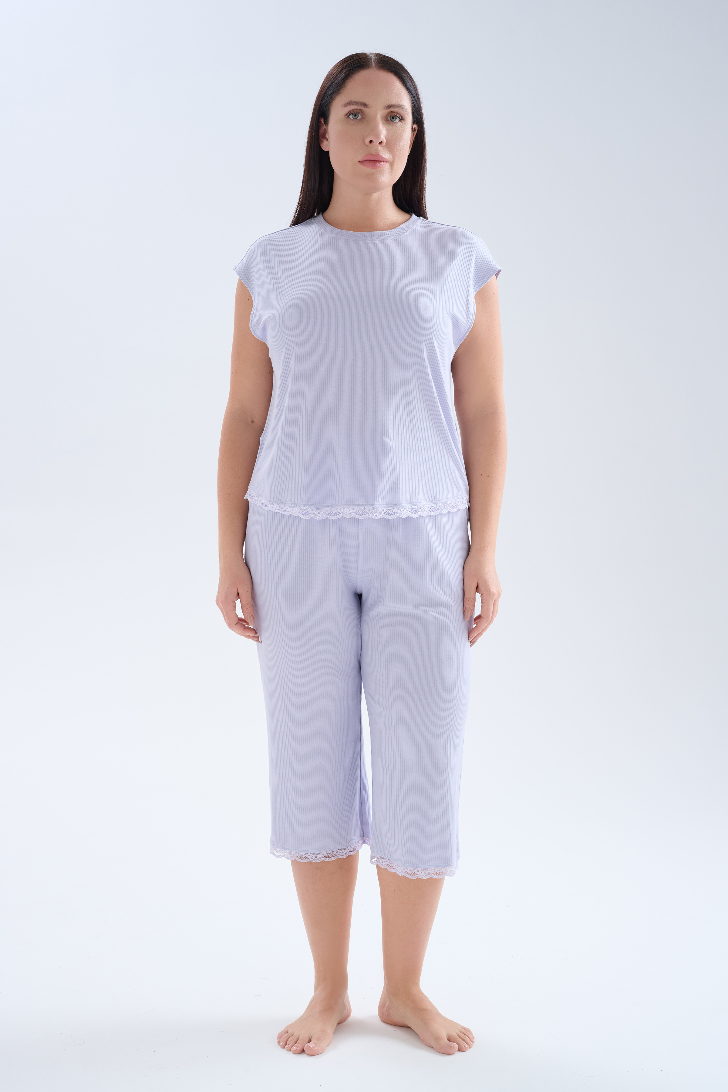 Kadın Plus Size Modal Kaşkorse Kolsuz Kapri Pijama Takımı