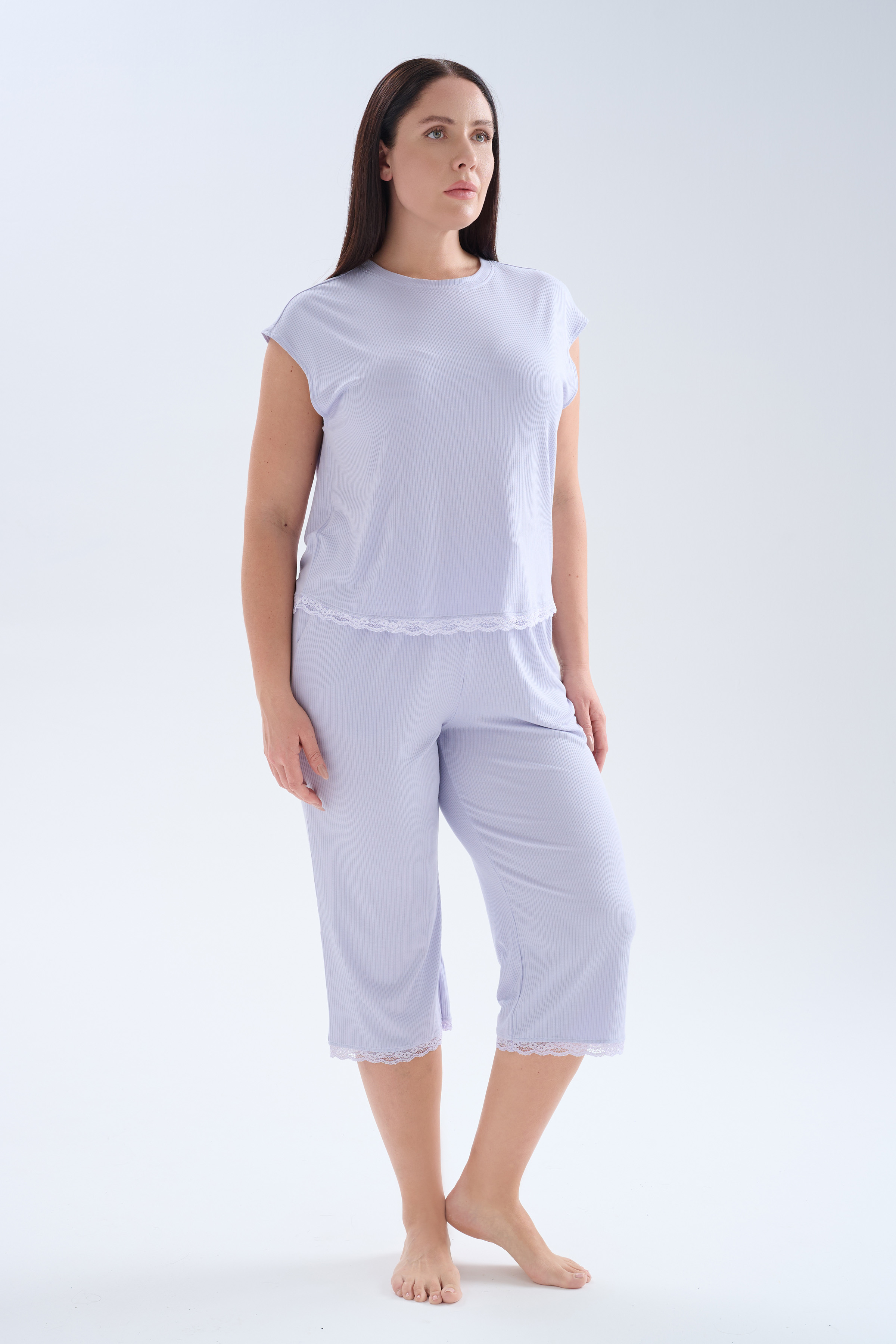 Kadın Plus Size Modal Kaşkorse Kolsuz Kapri Pijama Takımı