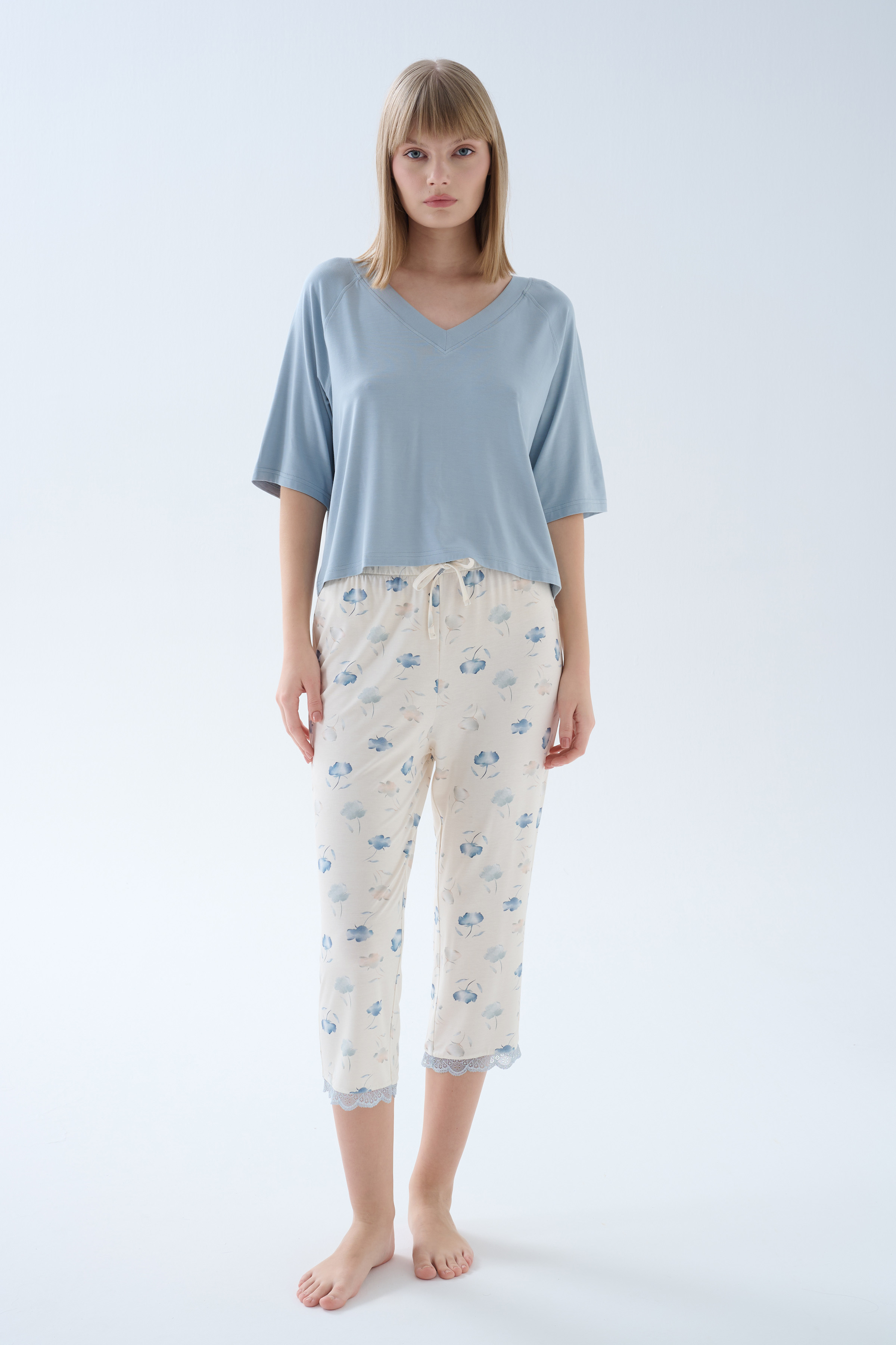 Kadın Viskoz Dantel Detaylı Kapri Pijama Altı