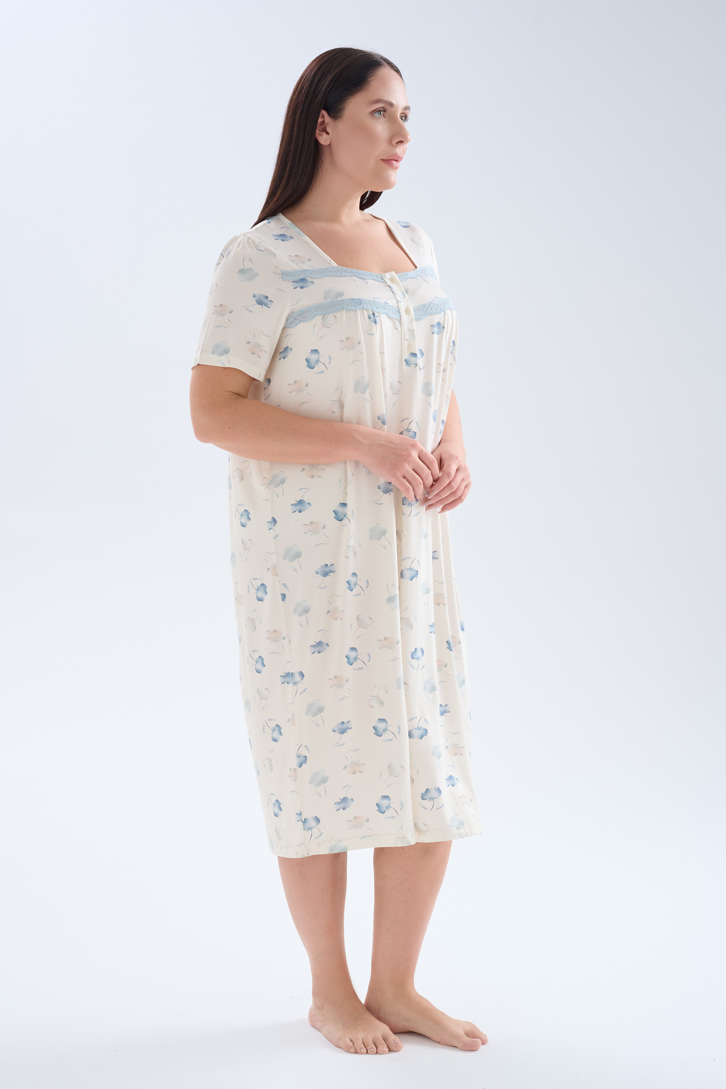 Kadın Plus Size Viskoz Kısa Kollu Patlı Gecelik