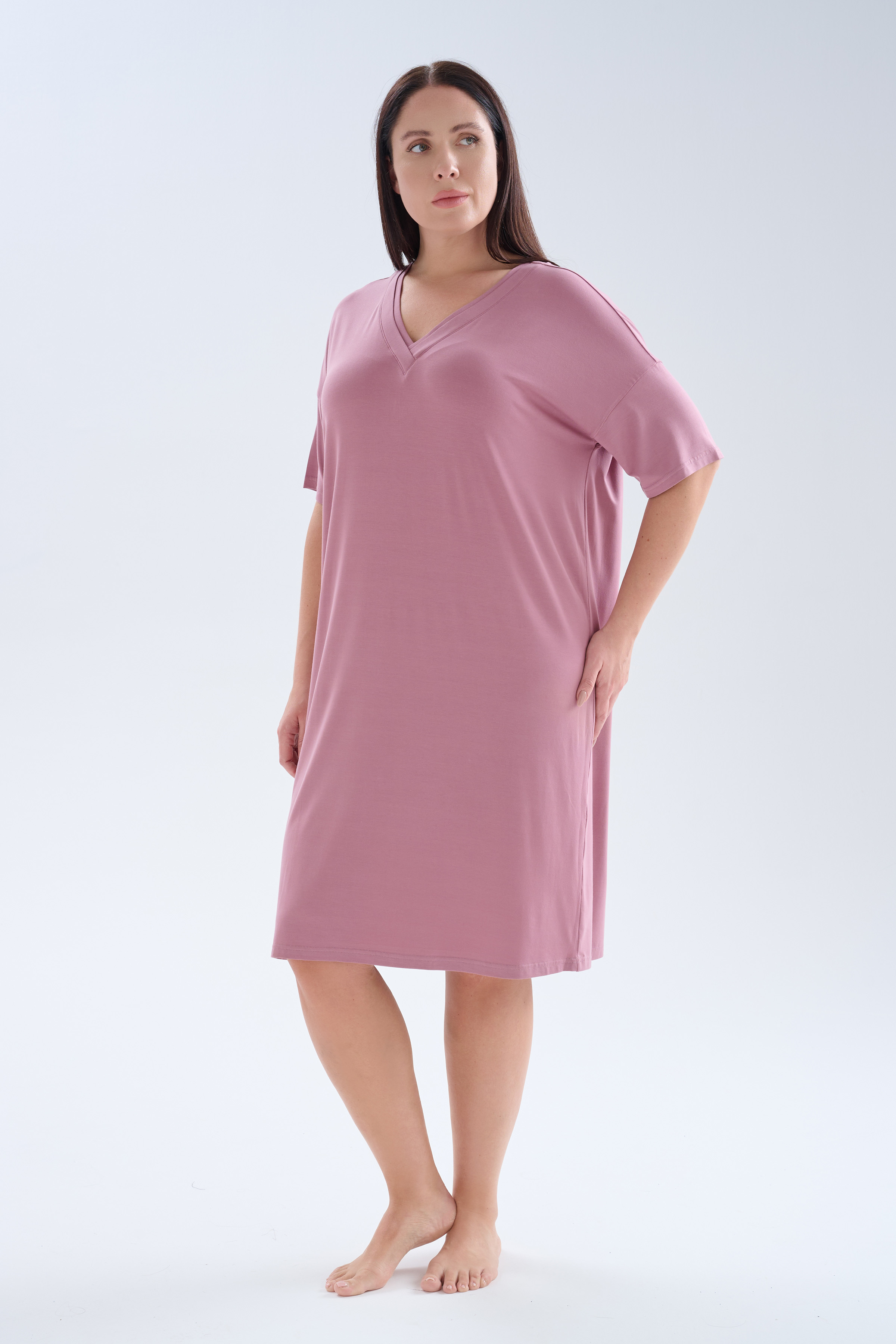 Kadın Plus Size Modal Kısa Kollu V Yaka Elbise