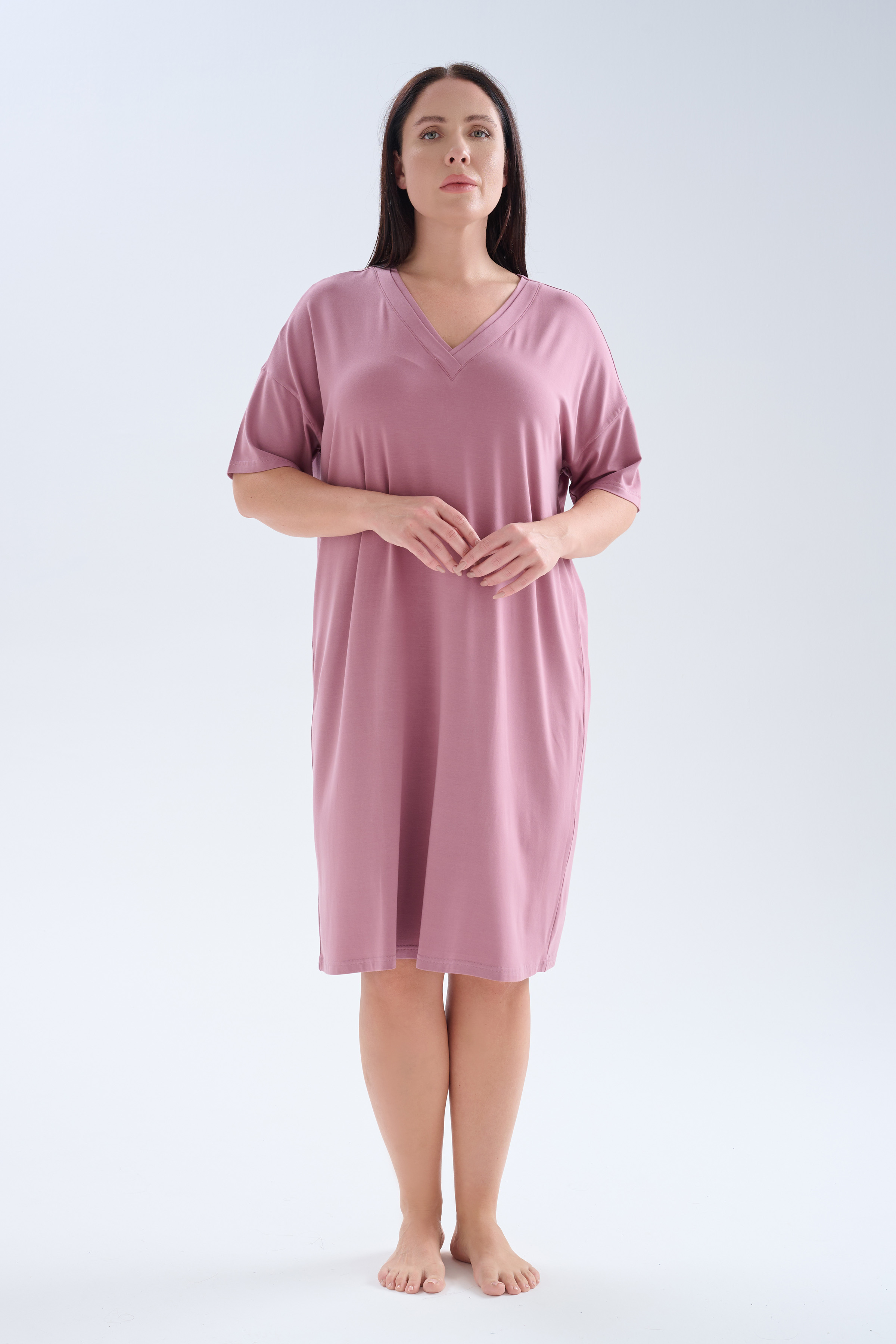 Kadın Plus Size Modal Kısa Kollu V Yaka Elbise