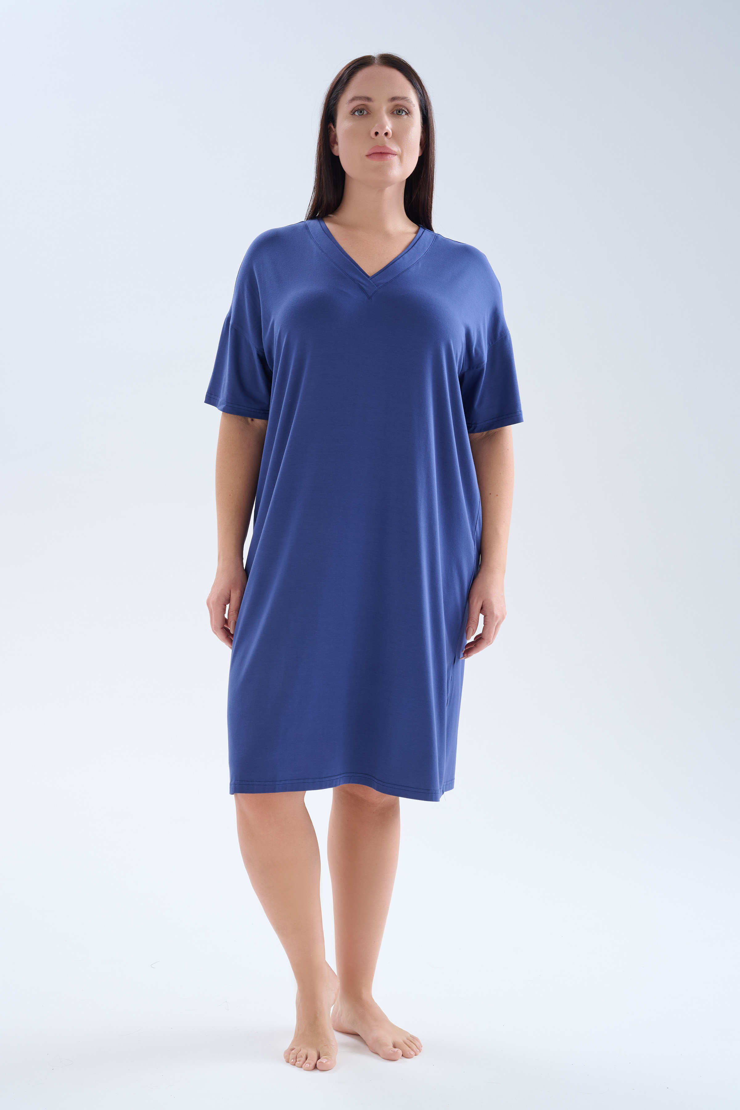 Kadın Plus Size Modal Kısa Kollu V Yaka Elbise