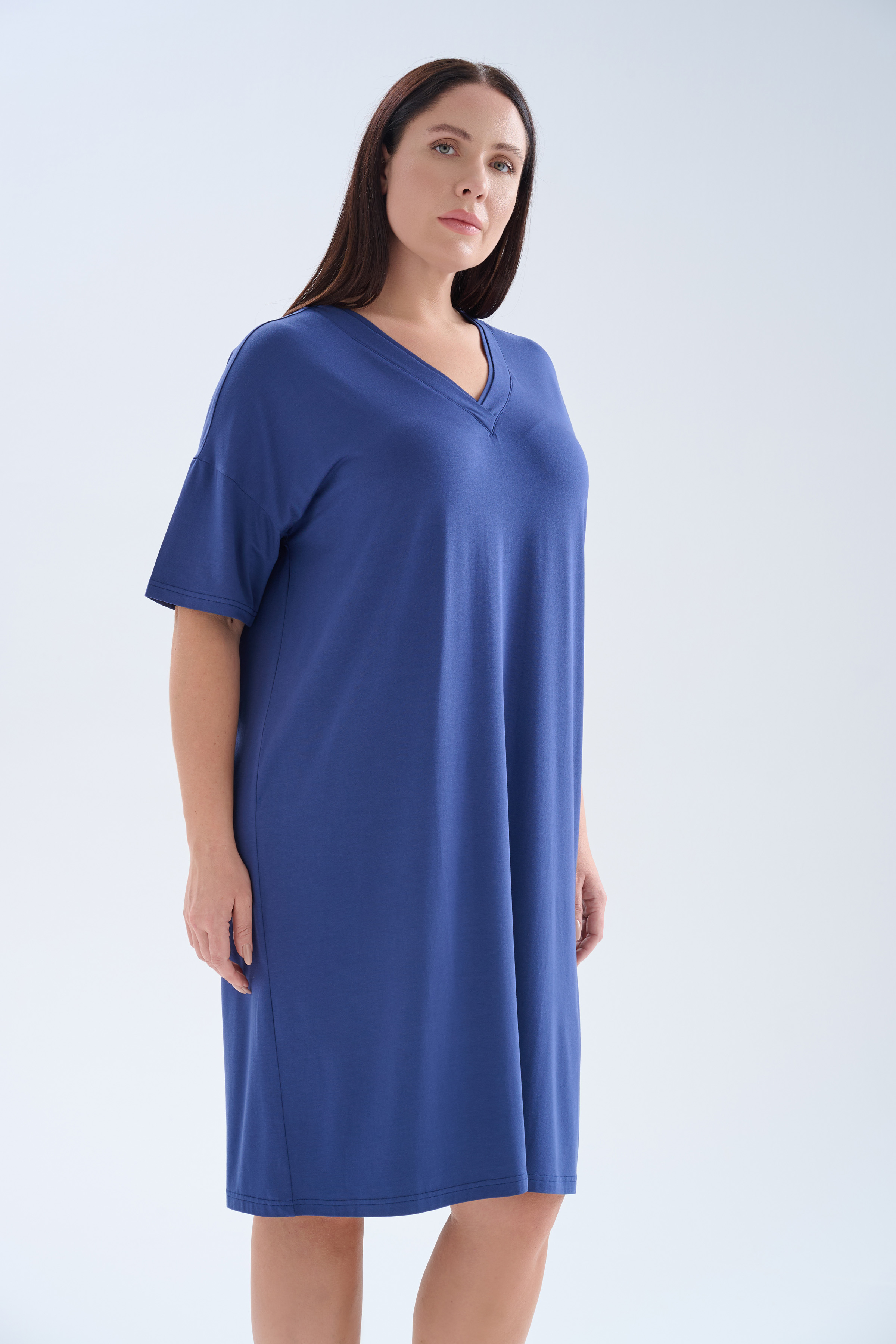 Kadın Plus Size Modal Kısa Kollu V Yaka Elbise