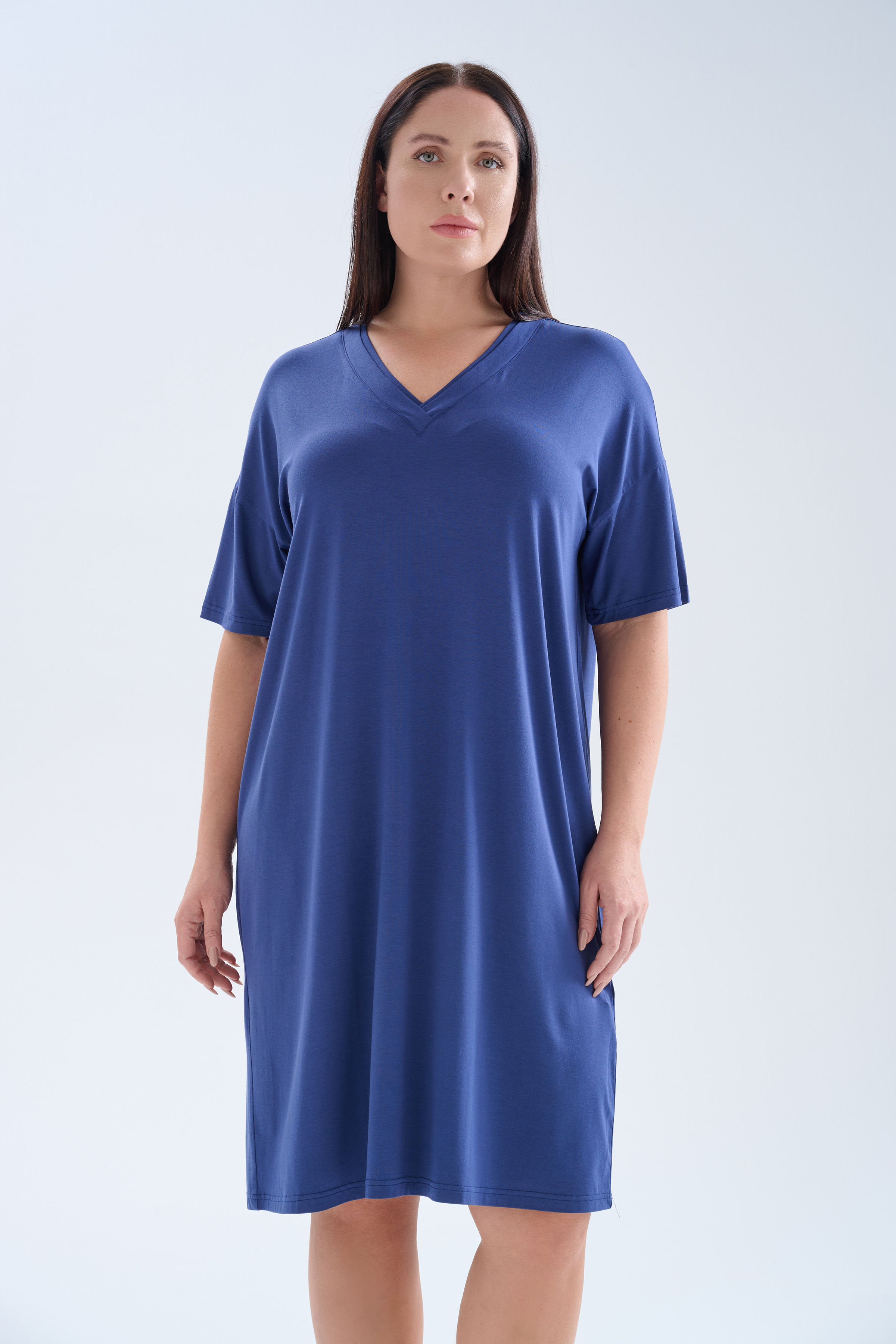 Kadın Plus Size Modal Kısa Kollu V Yaka Elbise