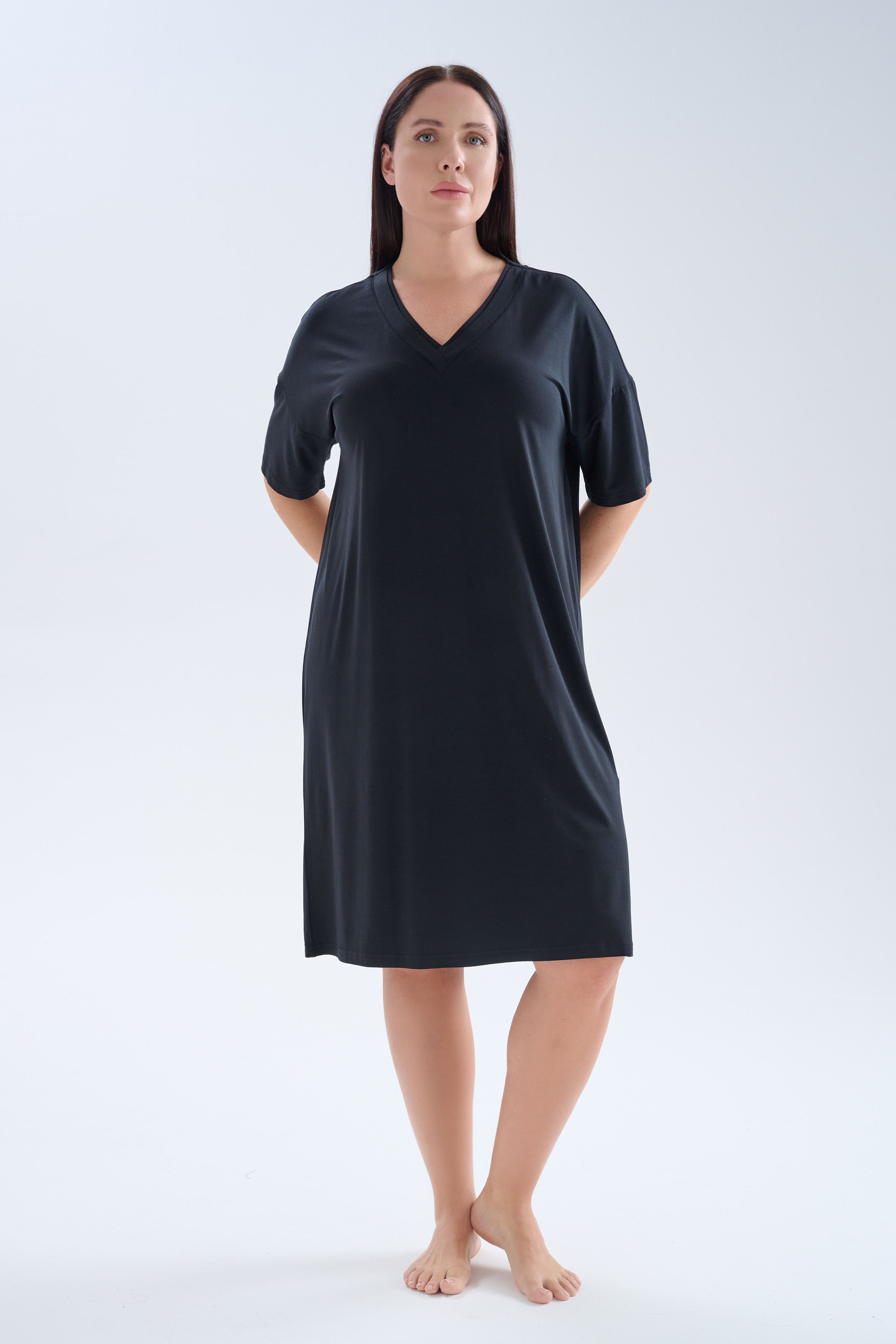 Kadın Plus Size Modal Kısa Kollu V Yaka Elbise