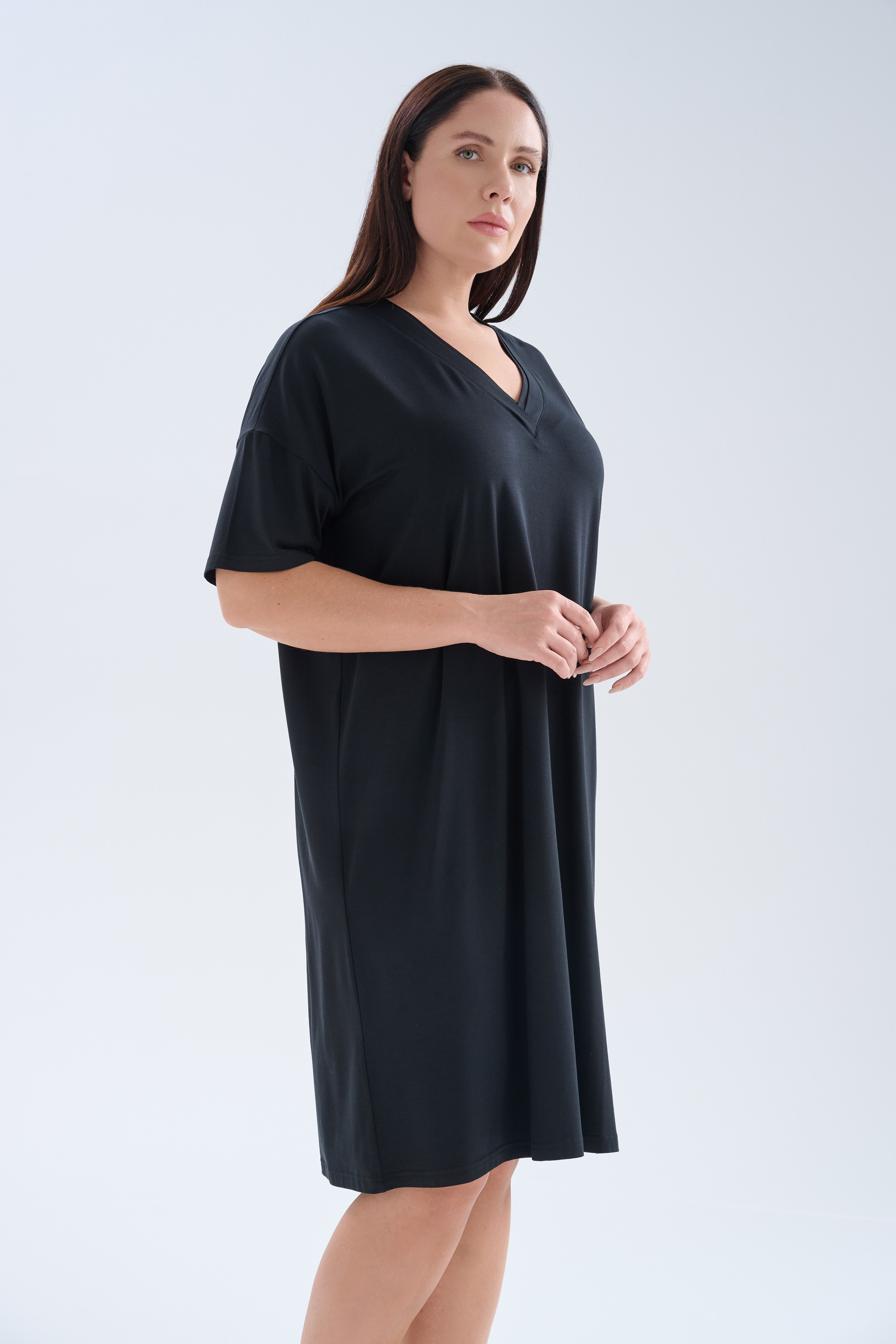 Kadın Plus Size Modal Kısa Kollu V Yaka Elbise