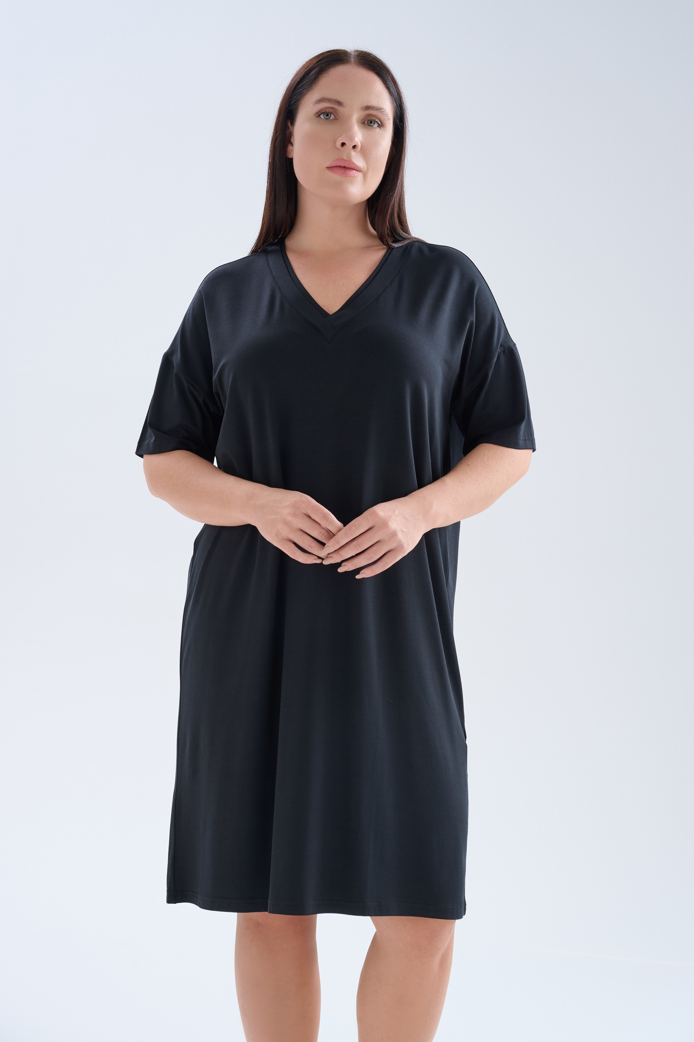 Kadın Plus Size Modal Kısa Kollu V Yaka Elbise