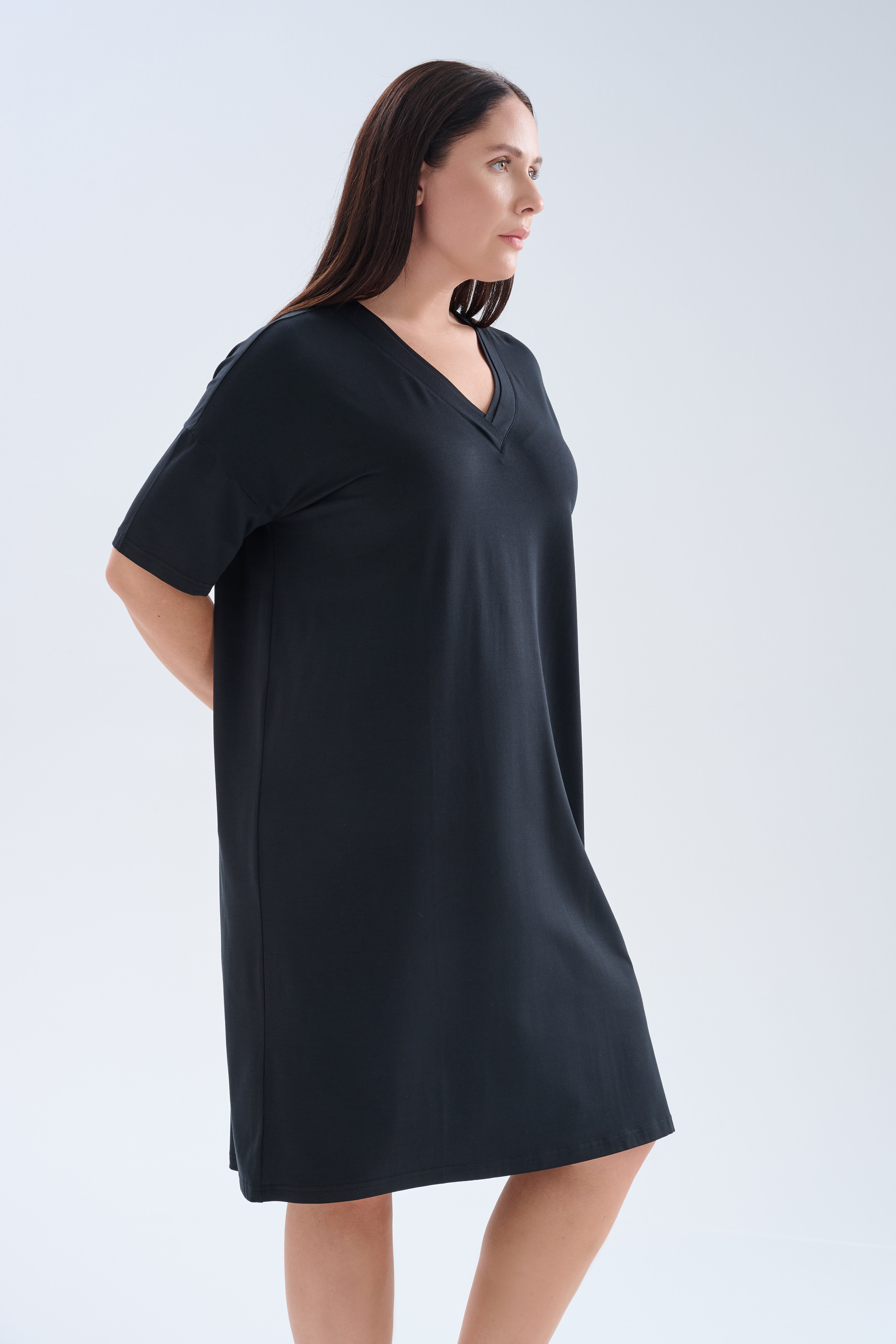 Kadın Plus Size Modal Kısa Kollu V Yaka Elbise