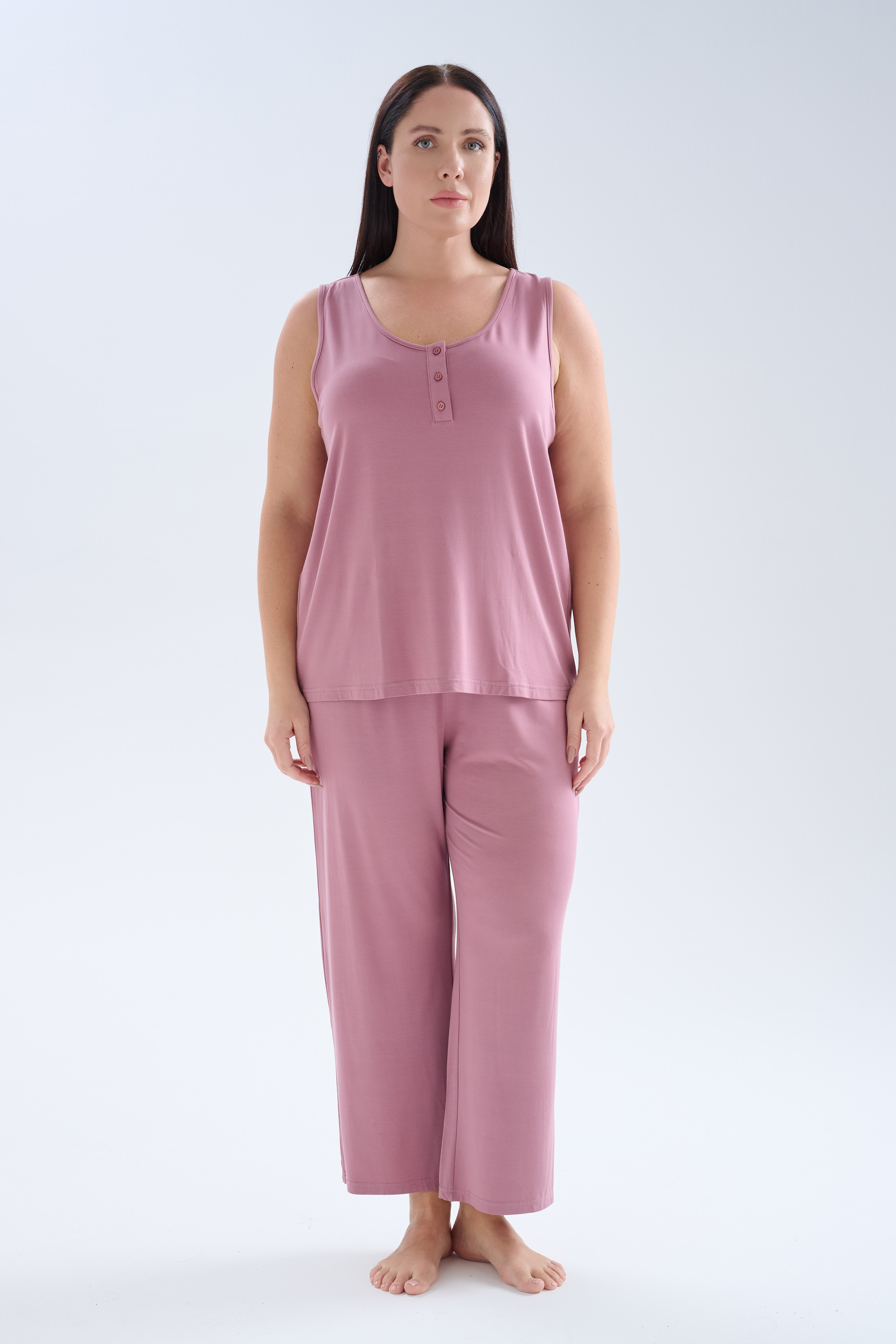 Kadın Plus Size Modal Düğmeli Kısa Kollu Tshirt Uzun Takım