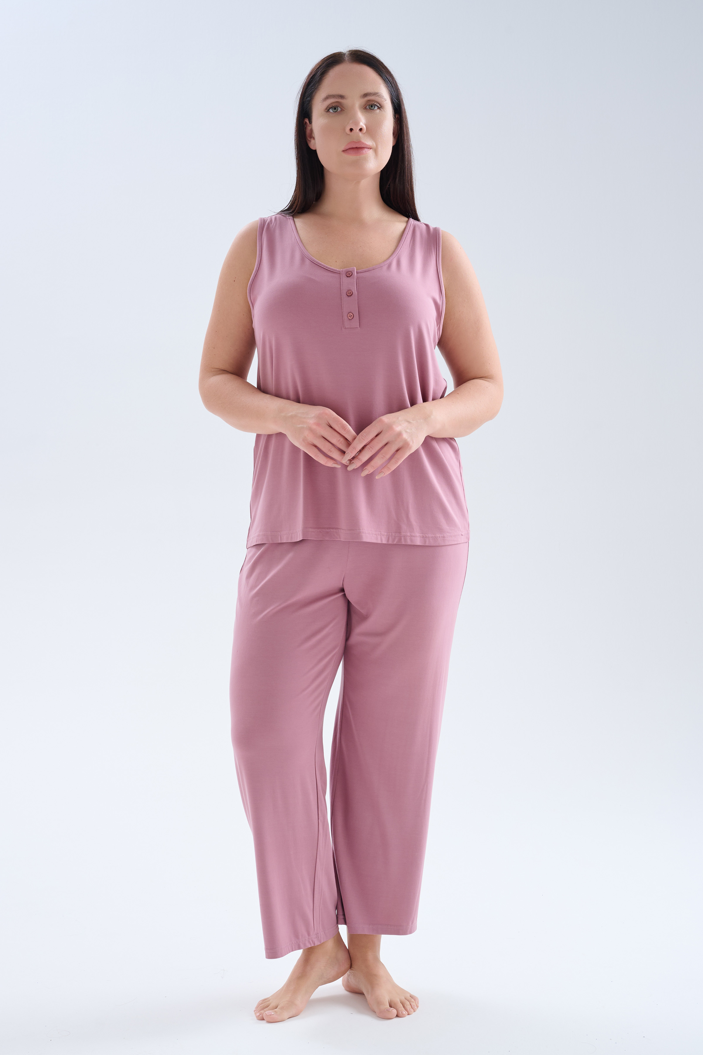 Kadın Plus Size Modal Düğmeli Kısa Kollu Tshirt Uzun Takım