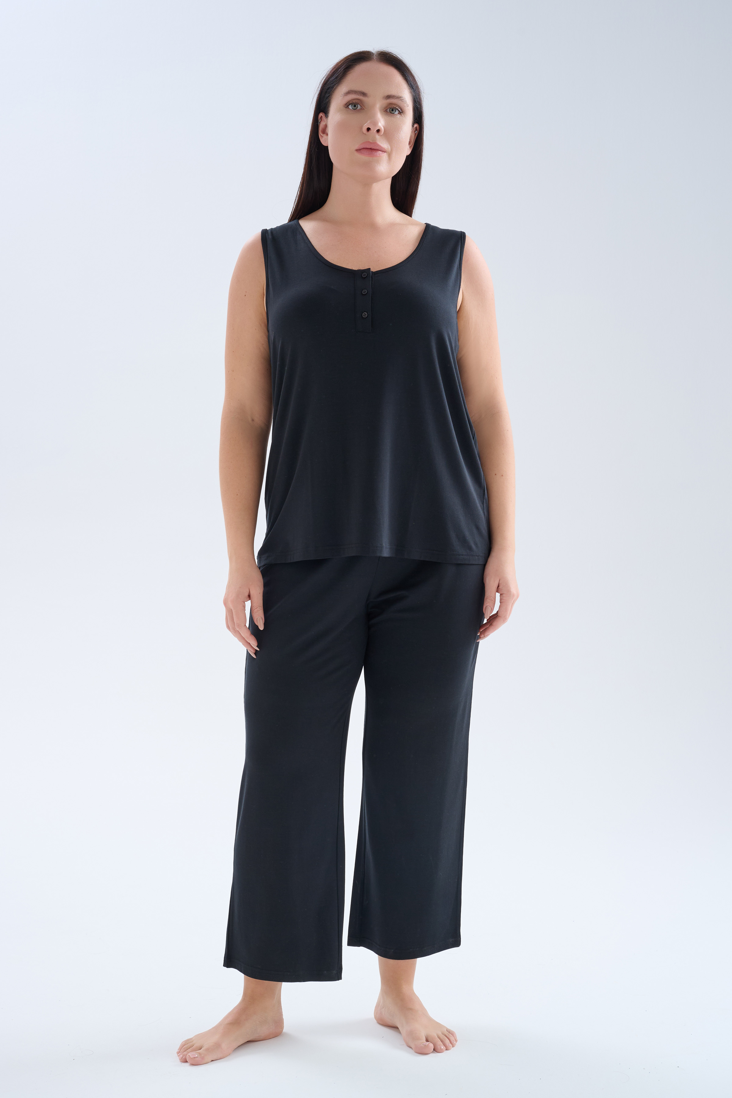 Kadın Plus Size Modal Düğmeli Kısa Kollu Tshirt Uzun Takım