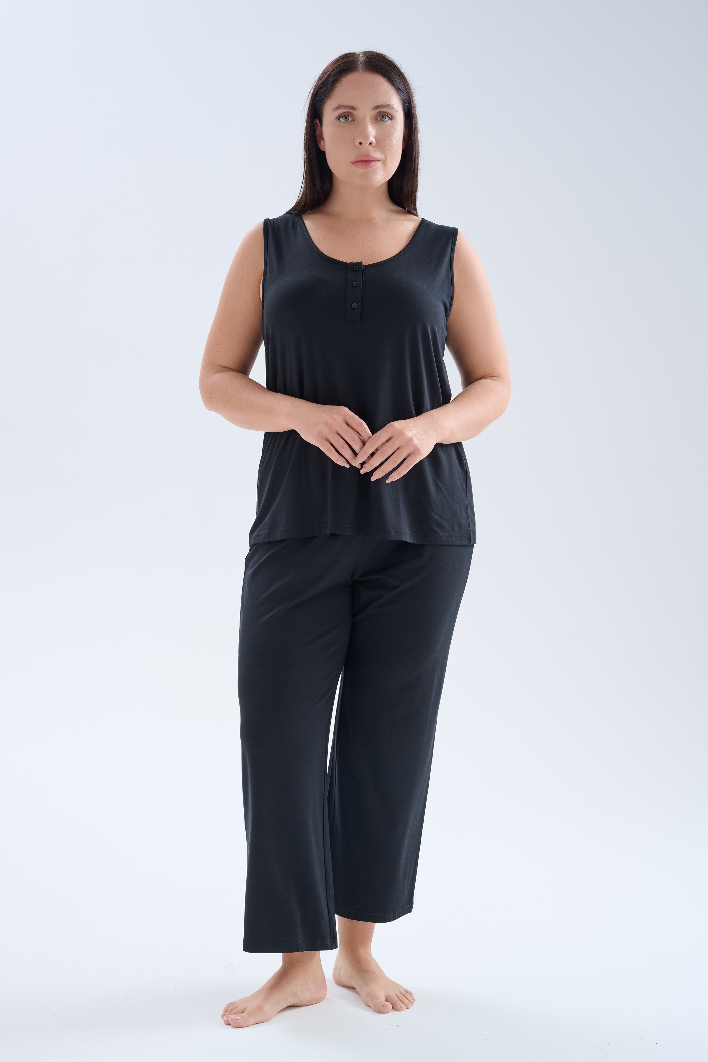 Kadın Plus Size Modal Düğmeli Kısa Kollu Tshirt Uzun Takım