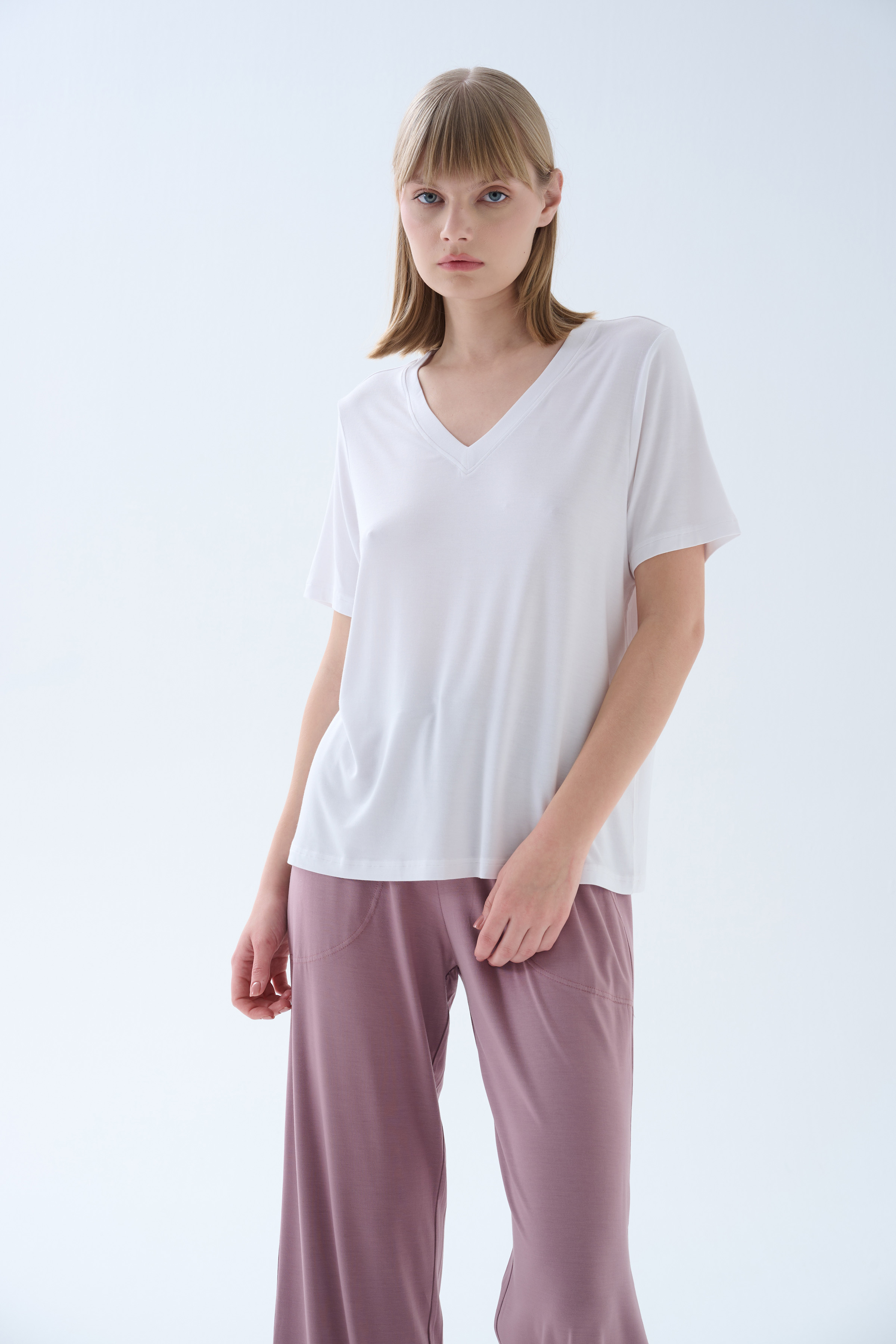 Kadın Modal Kısa Kollu V Yaka T-shirt