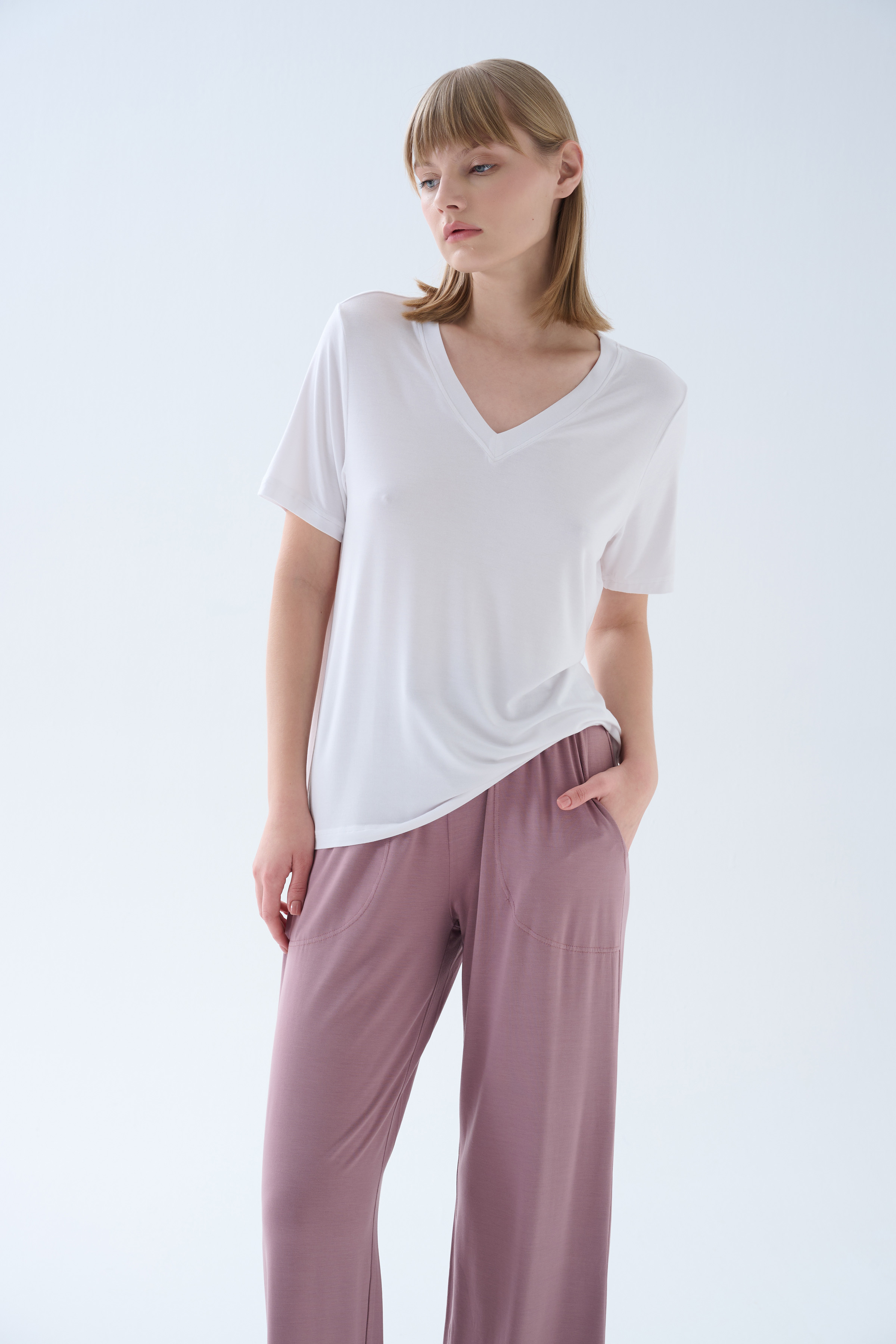 Kadın Modal Kısa Kollu V Yaka T-shirt