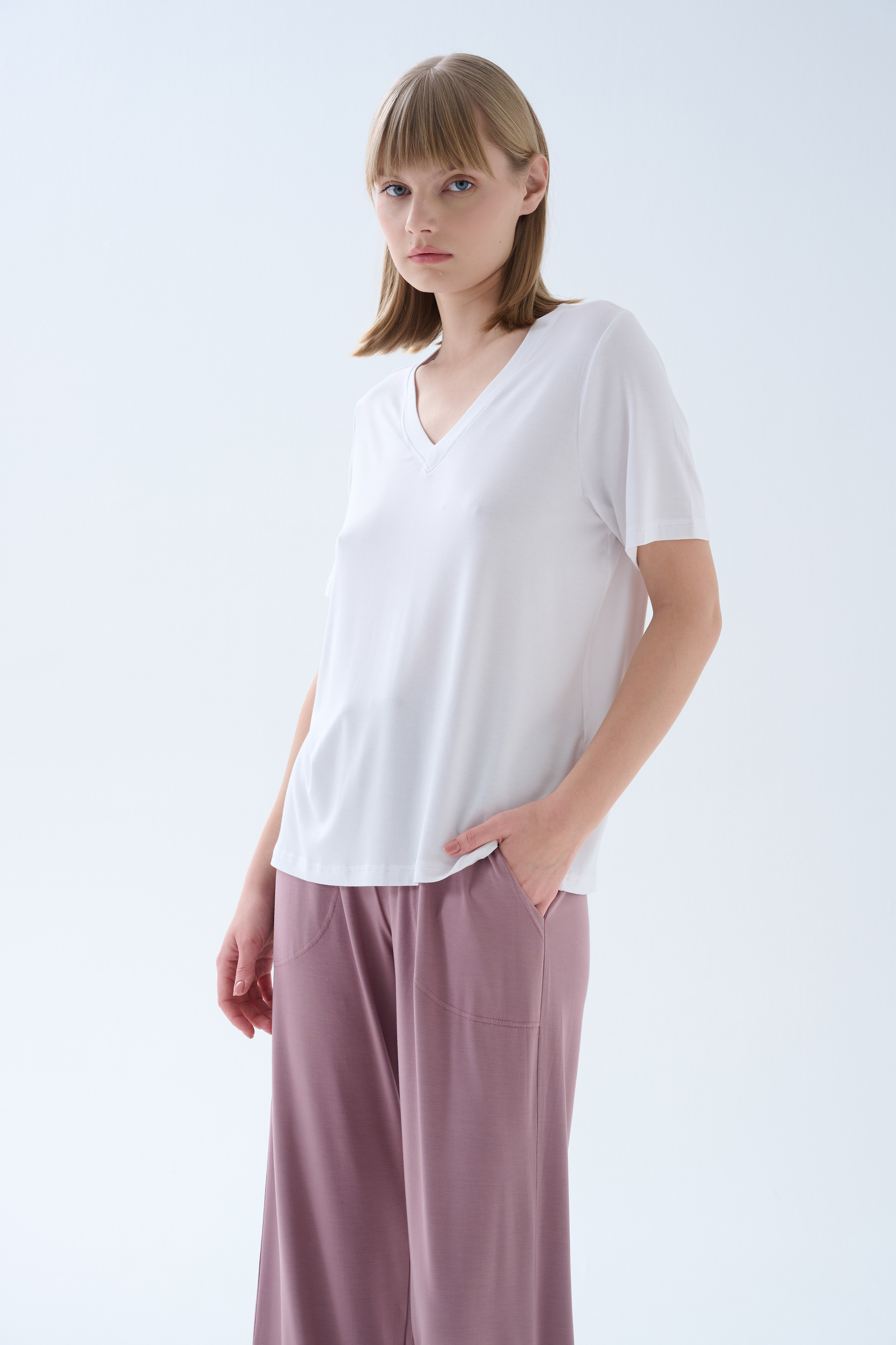 Kadın Modal Kısa Kollu V Yaka T-shirt