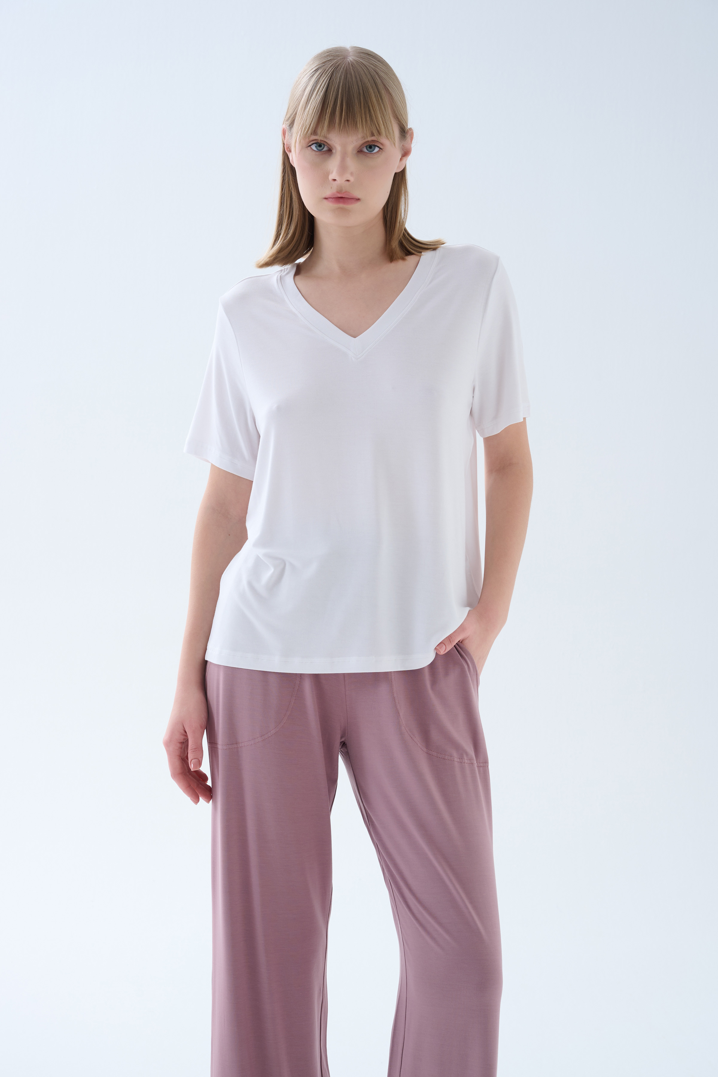 Kadın Modal Kısa Kollu V Yaka T-shirt