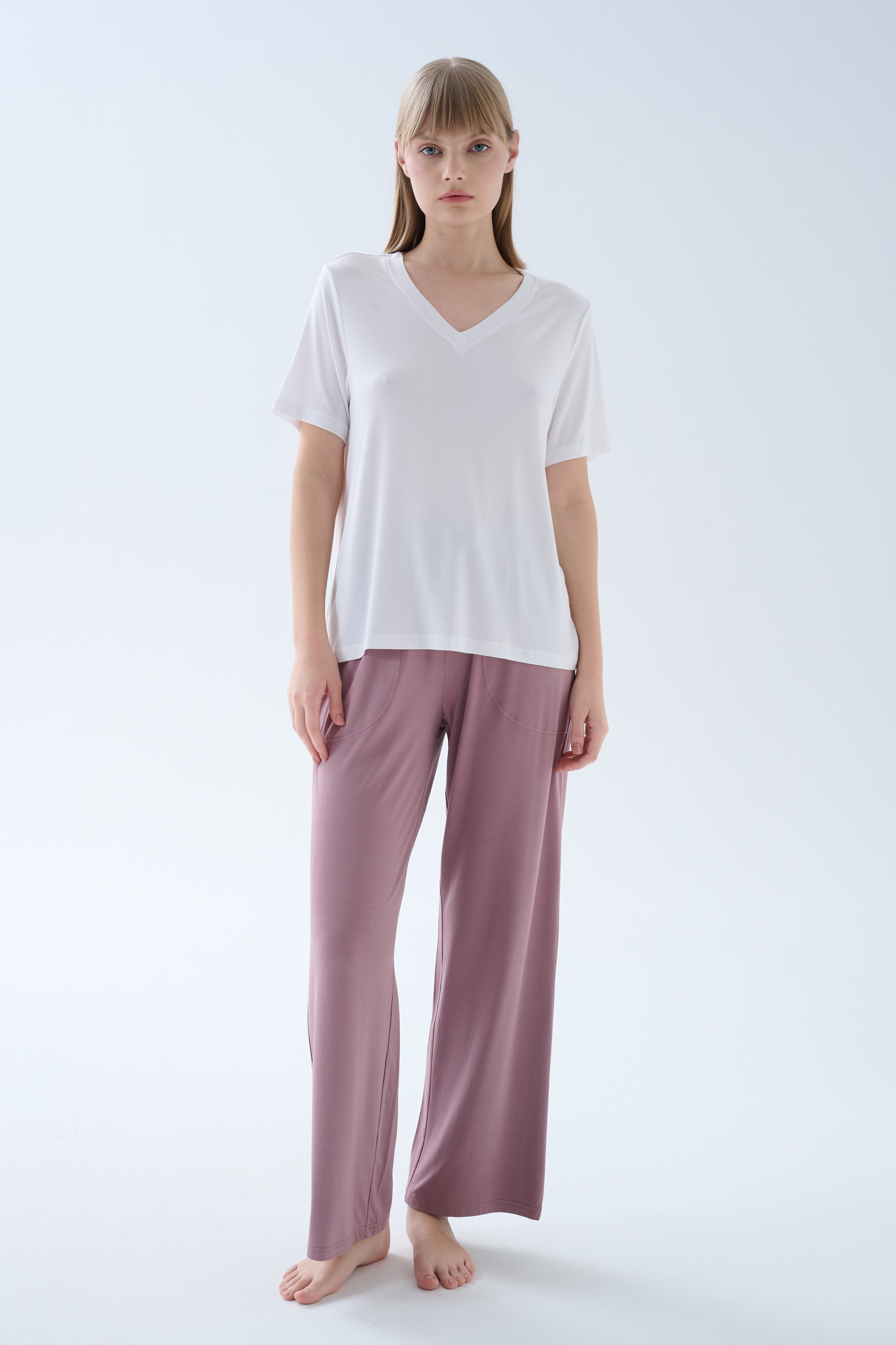 Kadın Modal Kısa Kollu V Yaka T-shirt