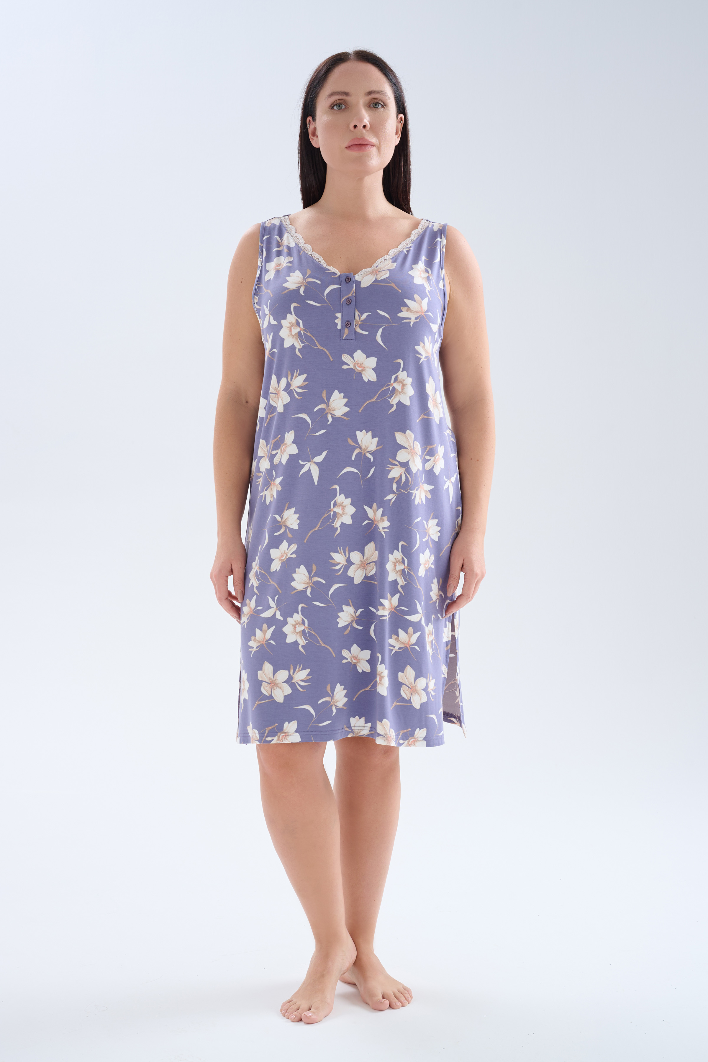 Kadın Plus Size Viskoz Kolsuz Dantelli V Yaka Gecelik