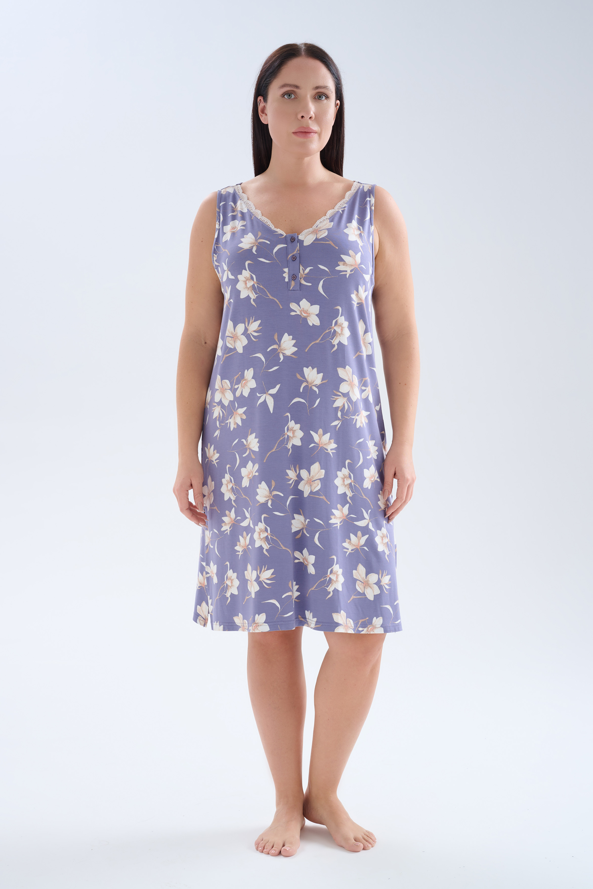 Kadın Plus Size Viskoz Kolsuz Dantelli V Yaka Gecelik