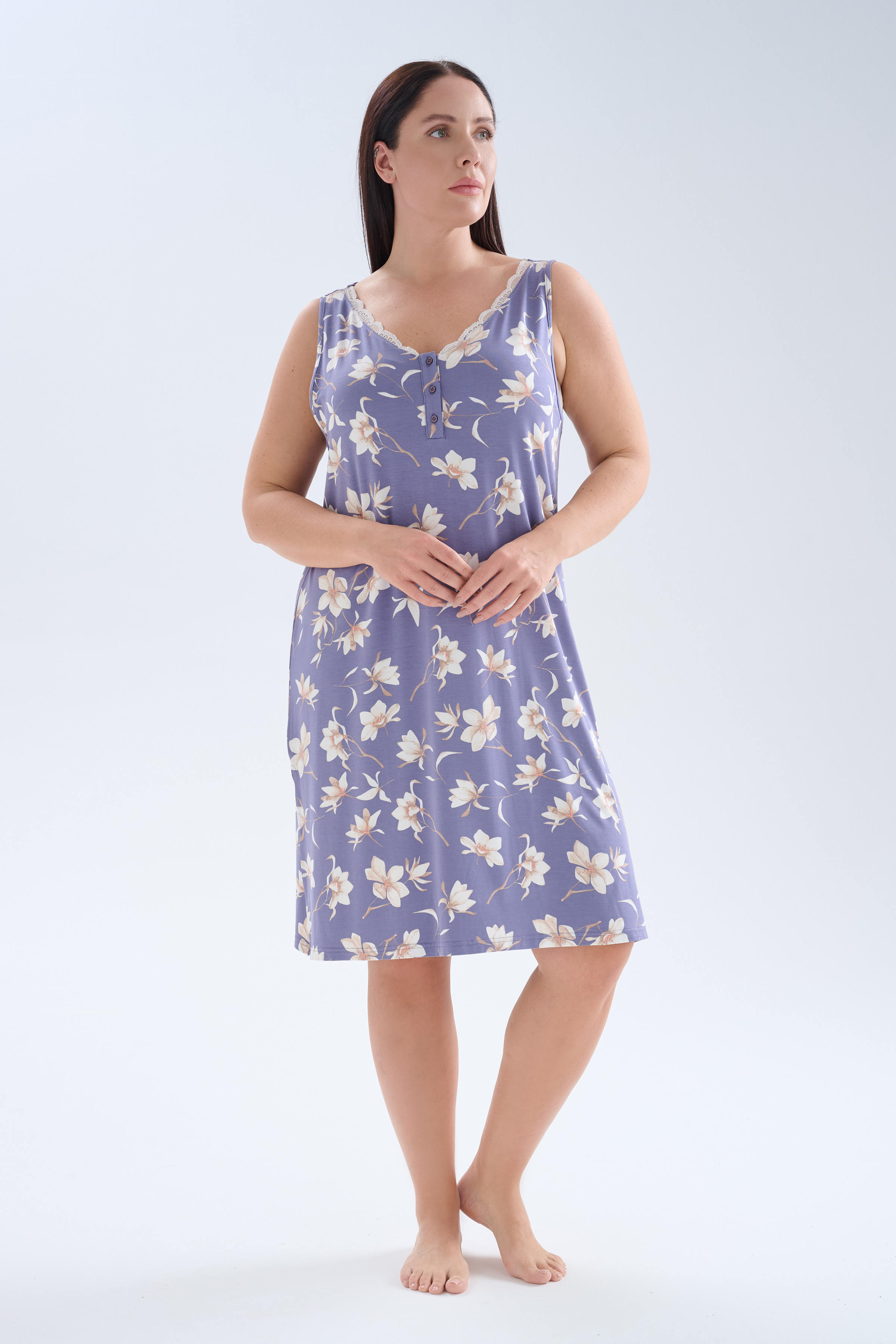 Kadın Plus Size Viskoz Kolsuz Dantelli V Yaka Gecelik