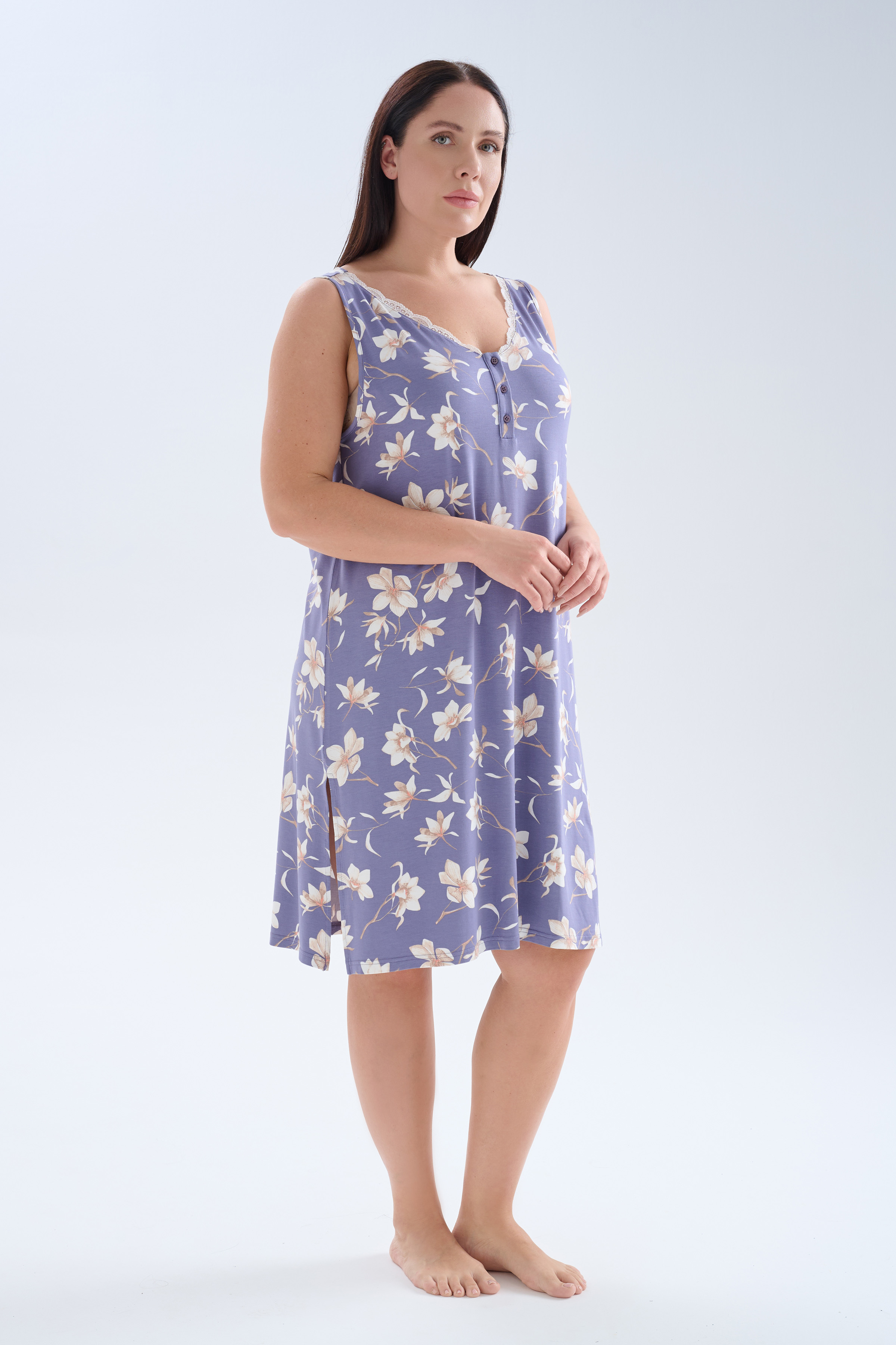 Kadın Plus Size Viskoz Kolsuz Dantelli V Yaka Gecelik