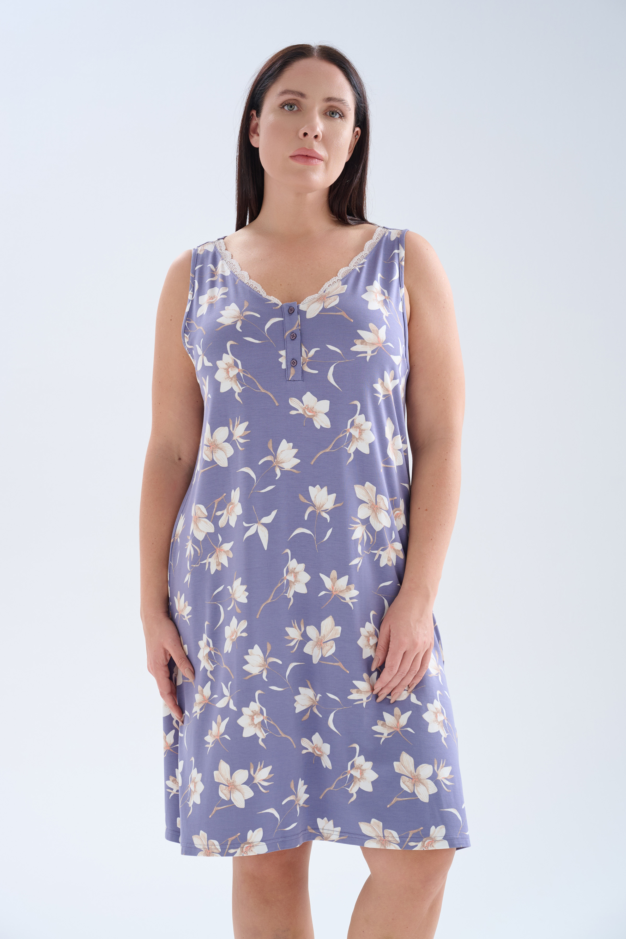 Kadın Plus Size Viskoz Kolsuz Dantelli V Yaka Gecelik