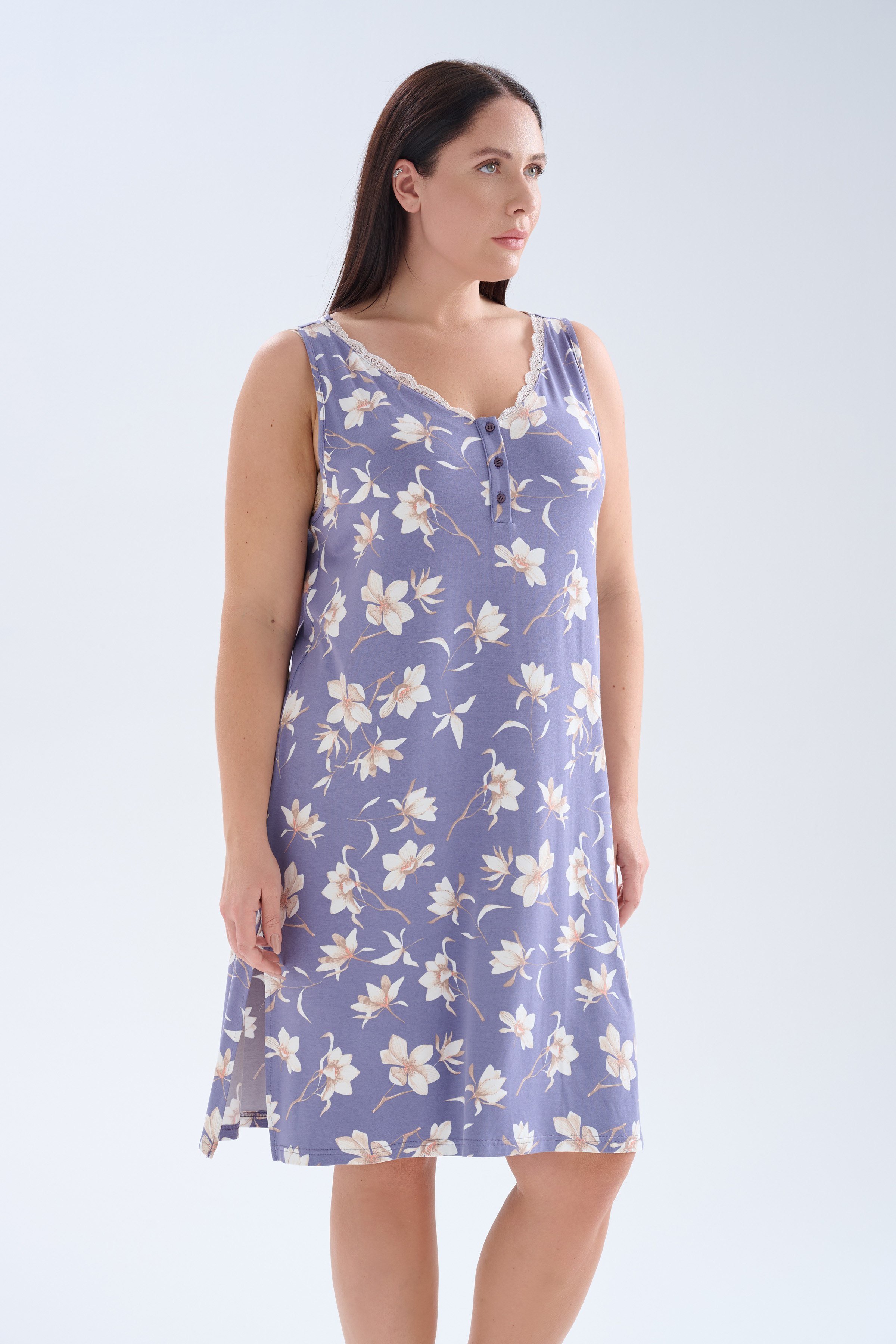 Kadın Plus Size Viskoz Kolsuz Dantelli V Yaka Gecelik