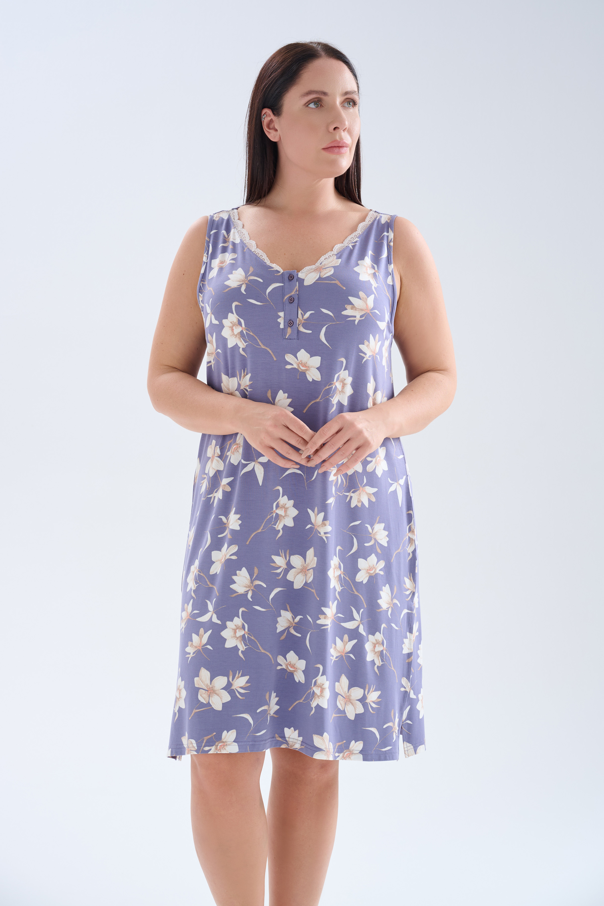 Kadın Plus Size Viskoz Kolsuz Dantelli V Yaka Gecelik