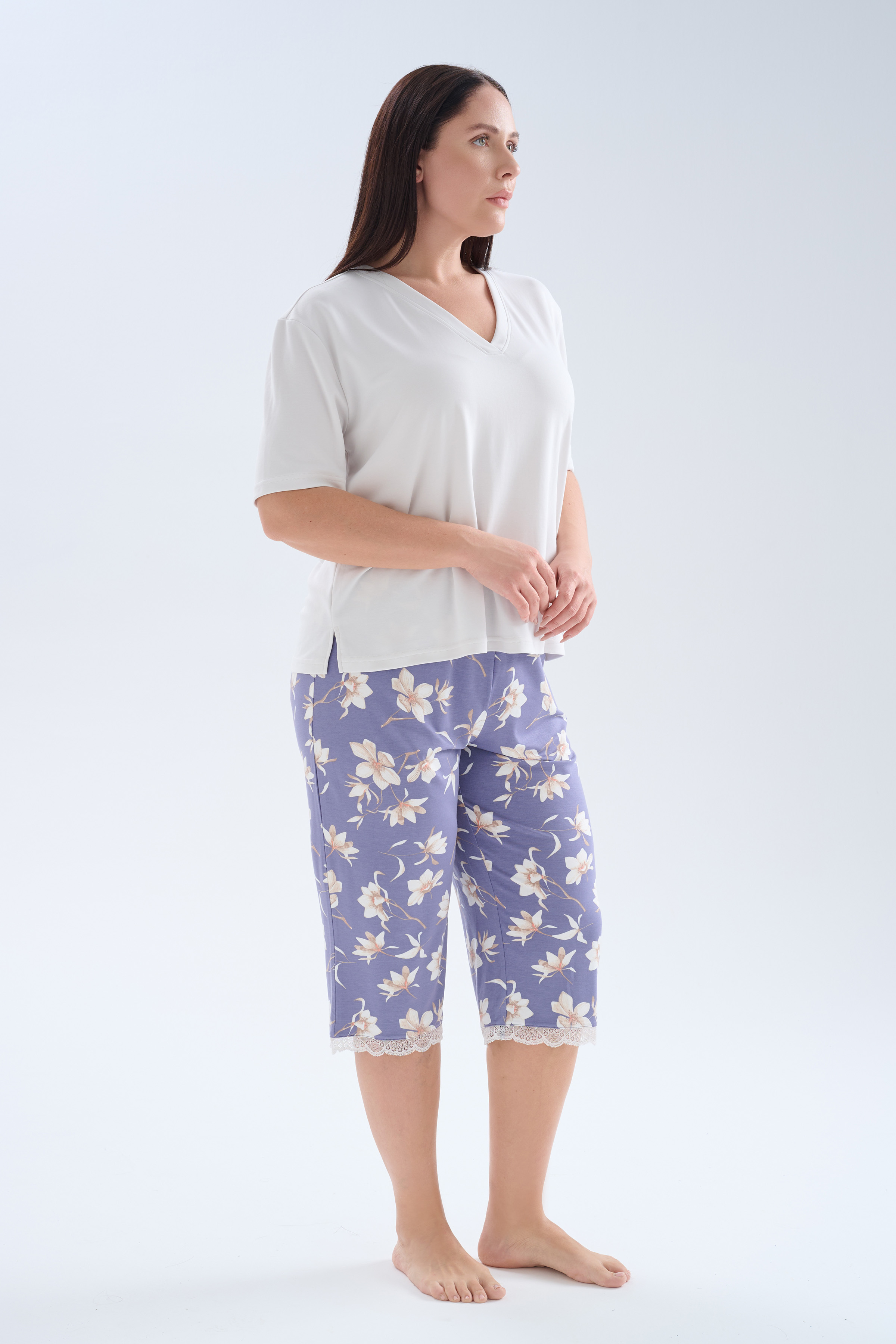 Kadın Plus Size Modal Kısa Kollu V Yaka Kapri Pijama Takımı